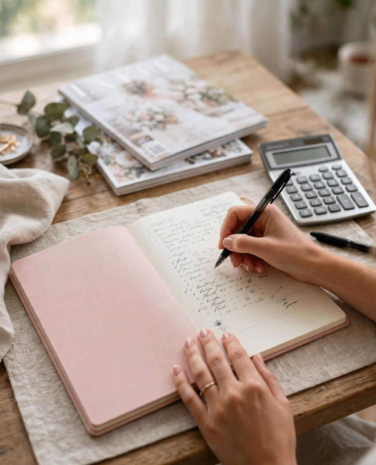 Bridal shower planning budget written in a pretty notebook with a calculator