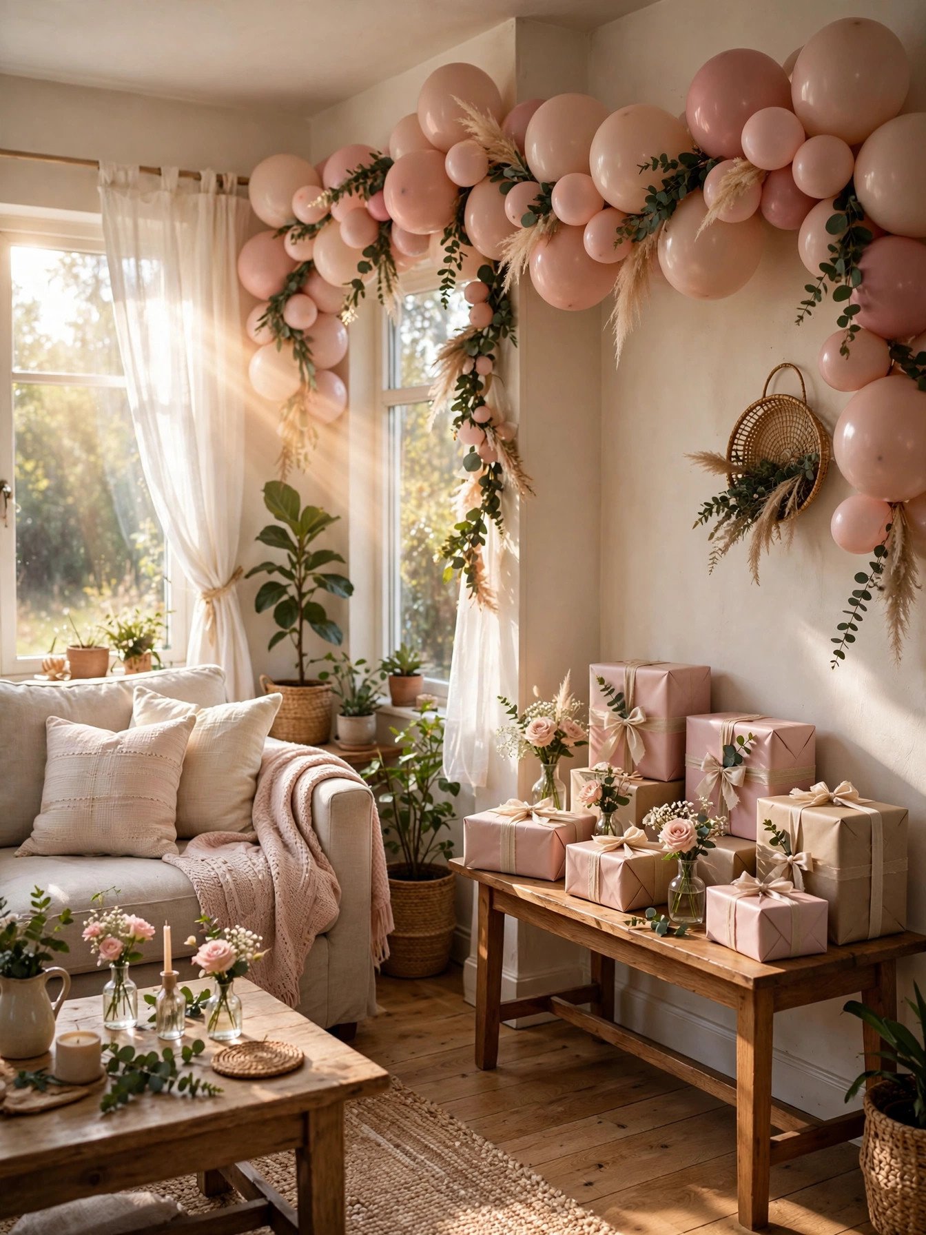 Bright living room decorated for a bridal shower with balloons and flowers, a free venue