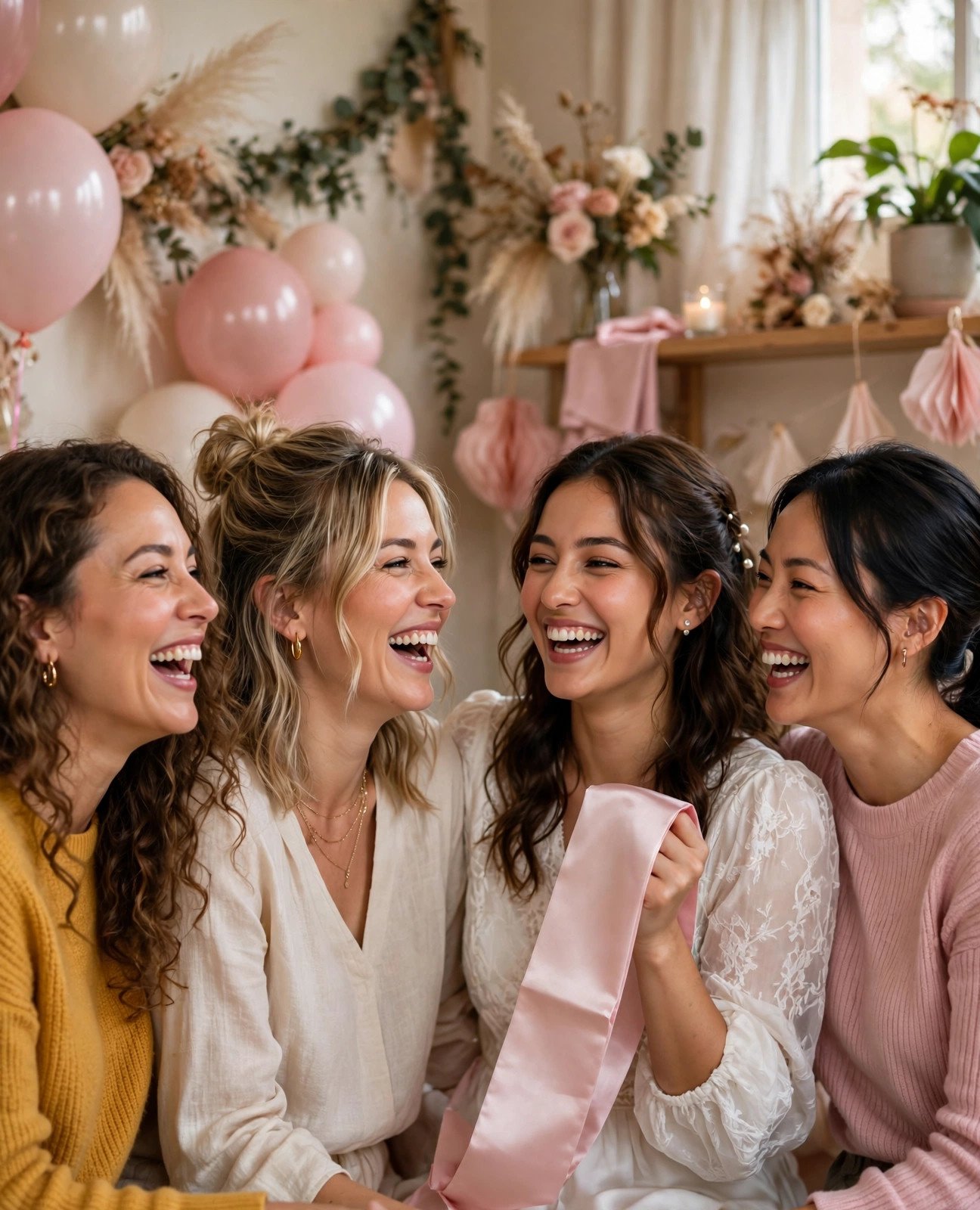 Small intimate group of women friends laughing together at a cozy bridal shower