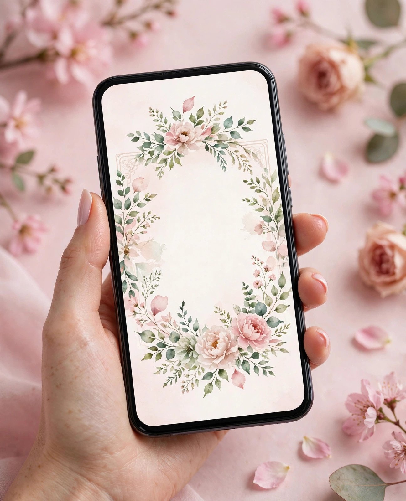 Smartphone displaying an elegant digital bridal shower invitation with floral design