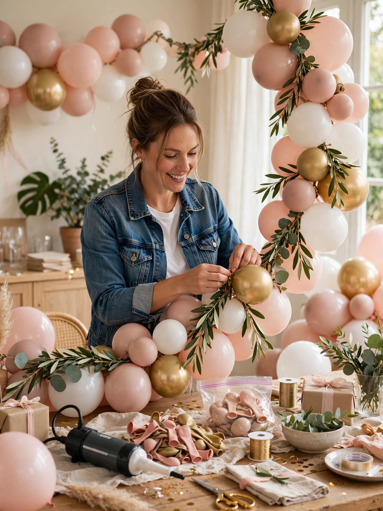 Colorful DIY balloon garland arch in blush and gold being assembled for a bridal shower