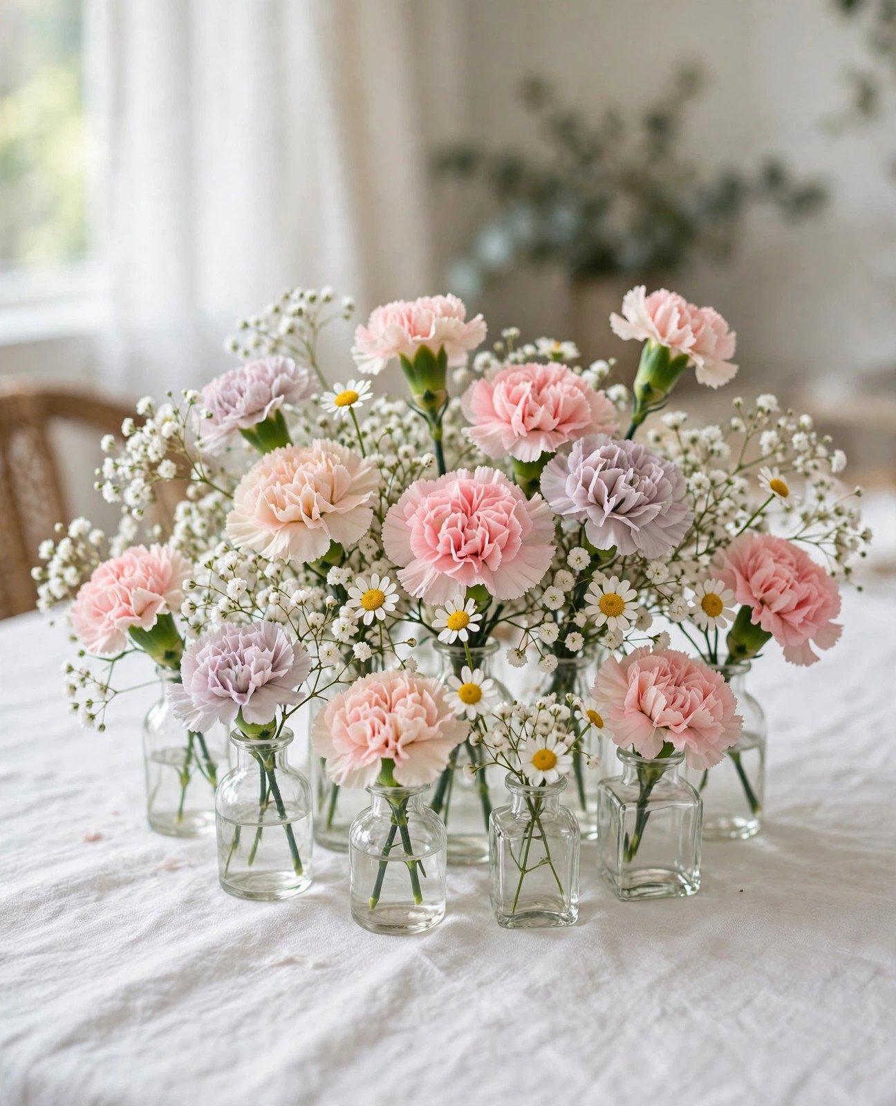 Small glass vases with pretty pastel flowers as bridal shower table centerpieces