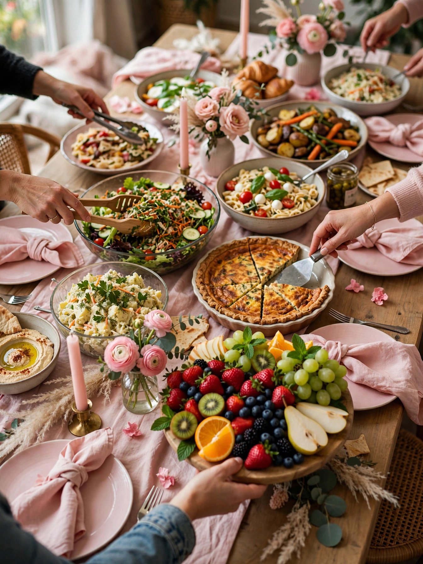 Beautiful potluck buffet table with homemade dishes at a bridal shower