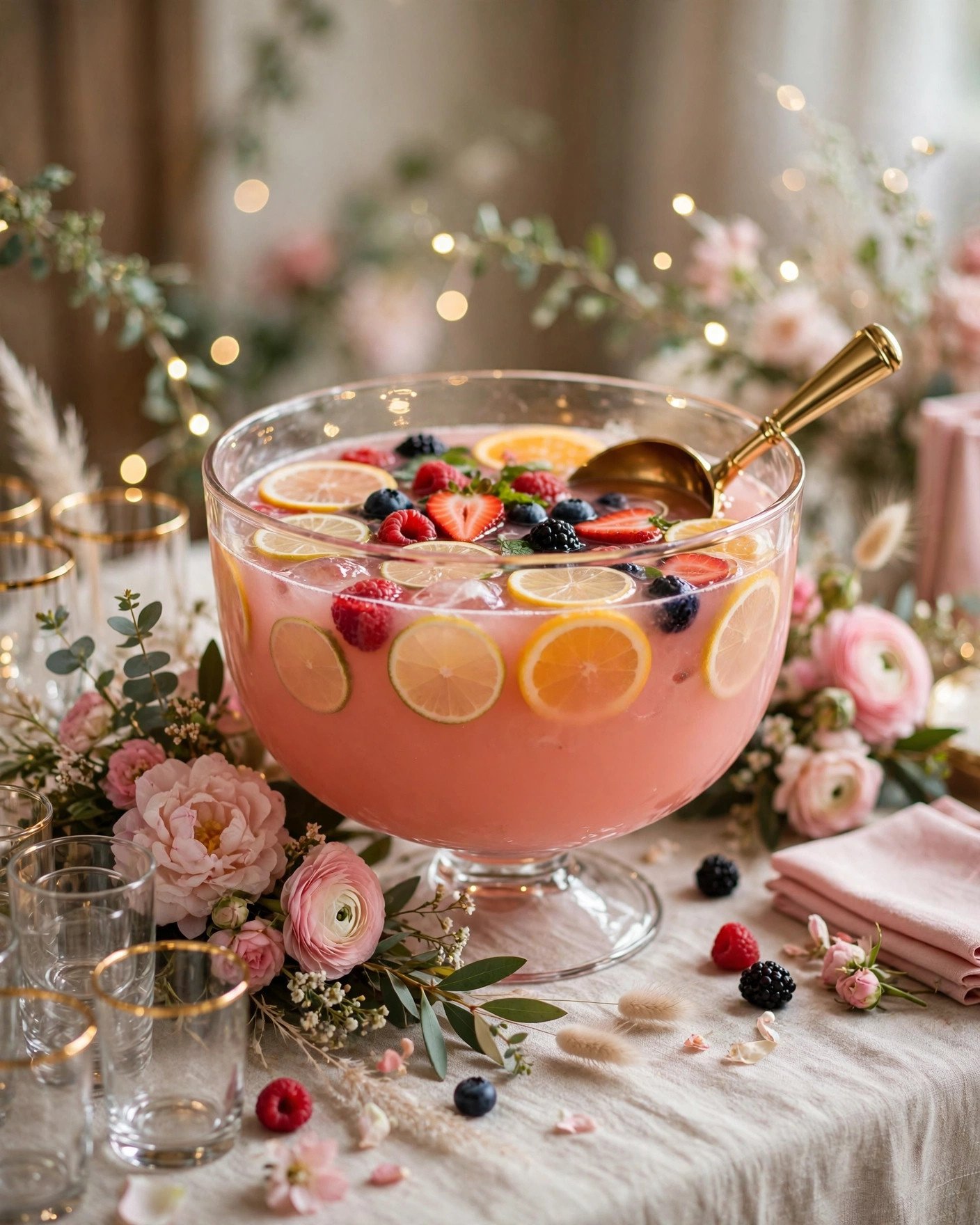 Beautiful punch bowl with fruit and flowers at a bridal shower drink station