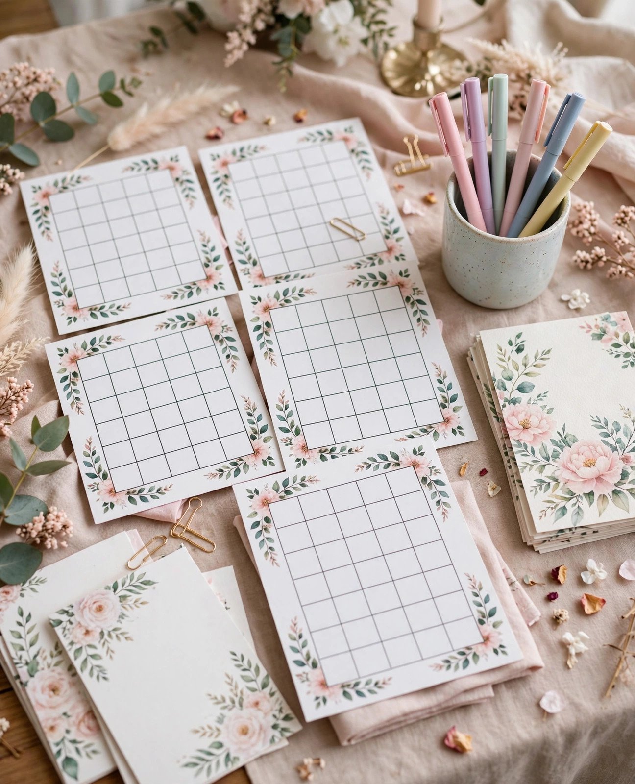 Bridal shower game cards and pens arranged on a table ready for guests