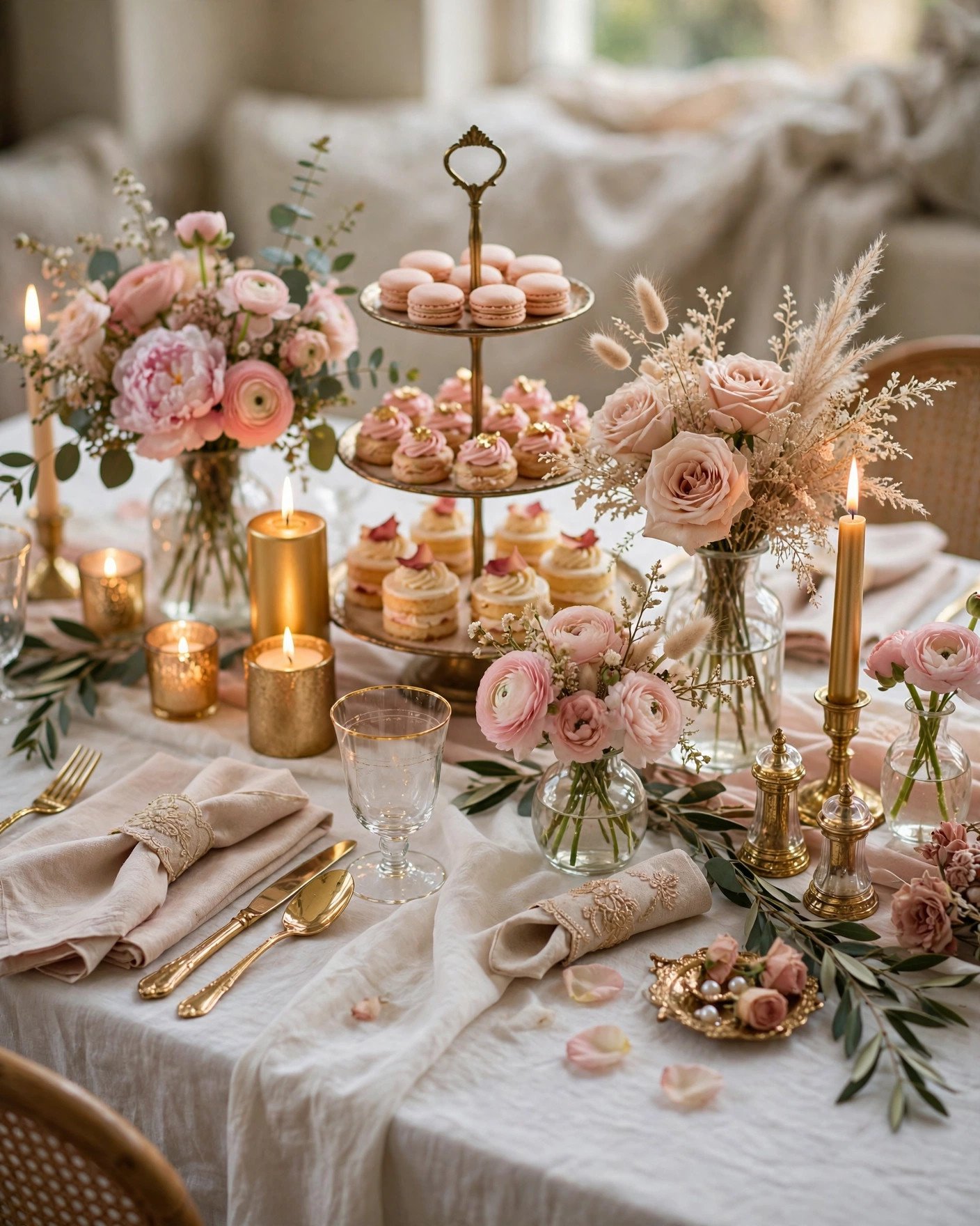 Elegant bridal shower table styled with borrowed cake stands, candles and linens