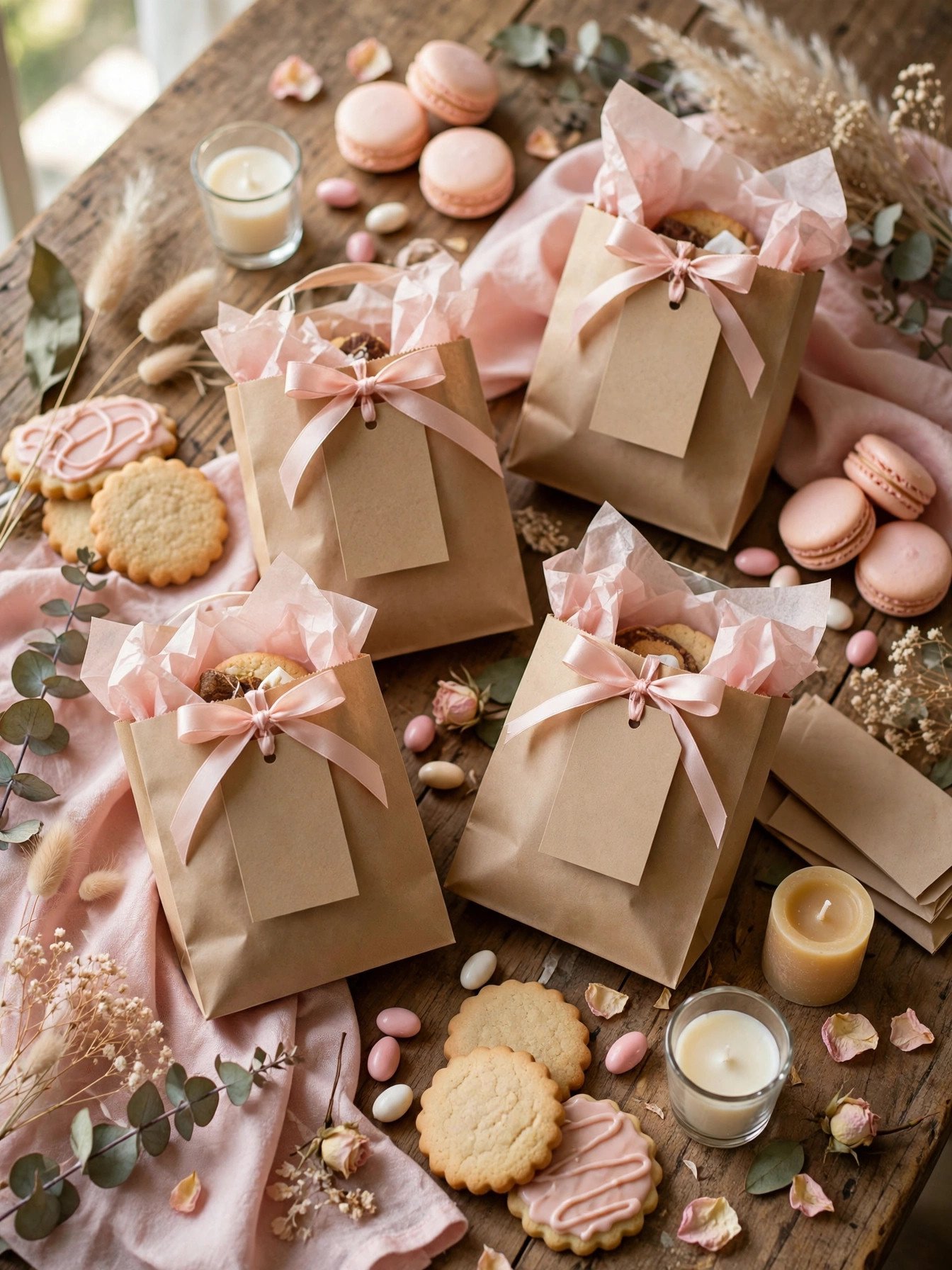 Cute DIY bridal shower favor bags with tags, candles and sweets