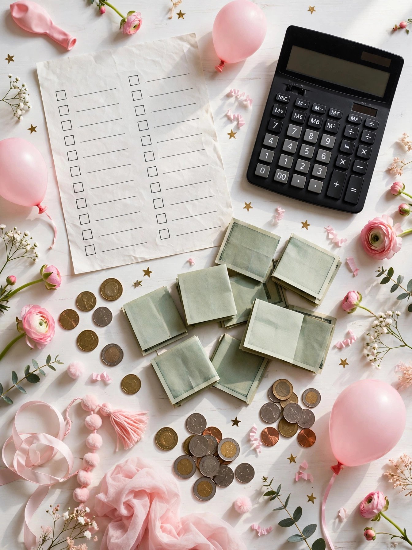 Bridal shower budget breakdown checklist flat lay with decor and calculator