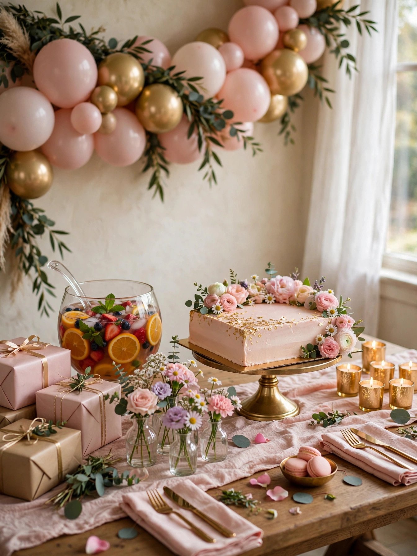 Beautiful bridal shower table setup with blush pink decor, balloon garland and flowers that looks expensive on a budget