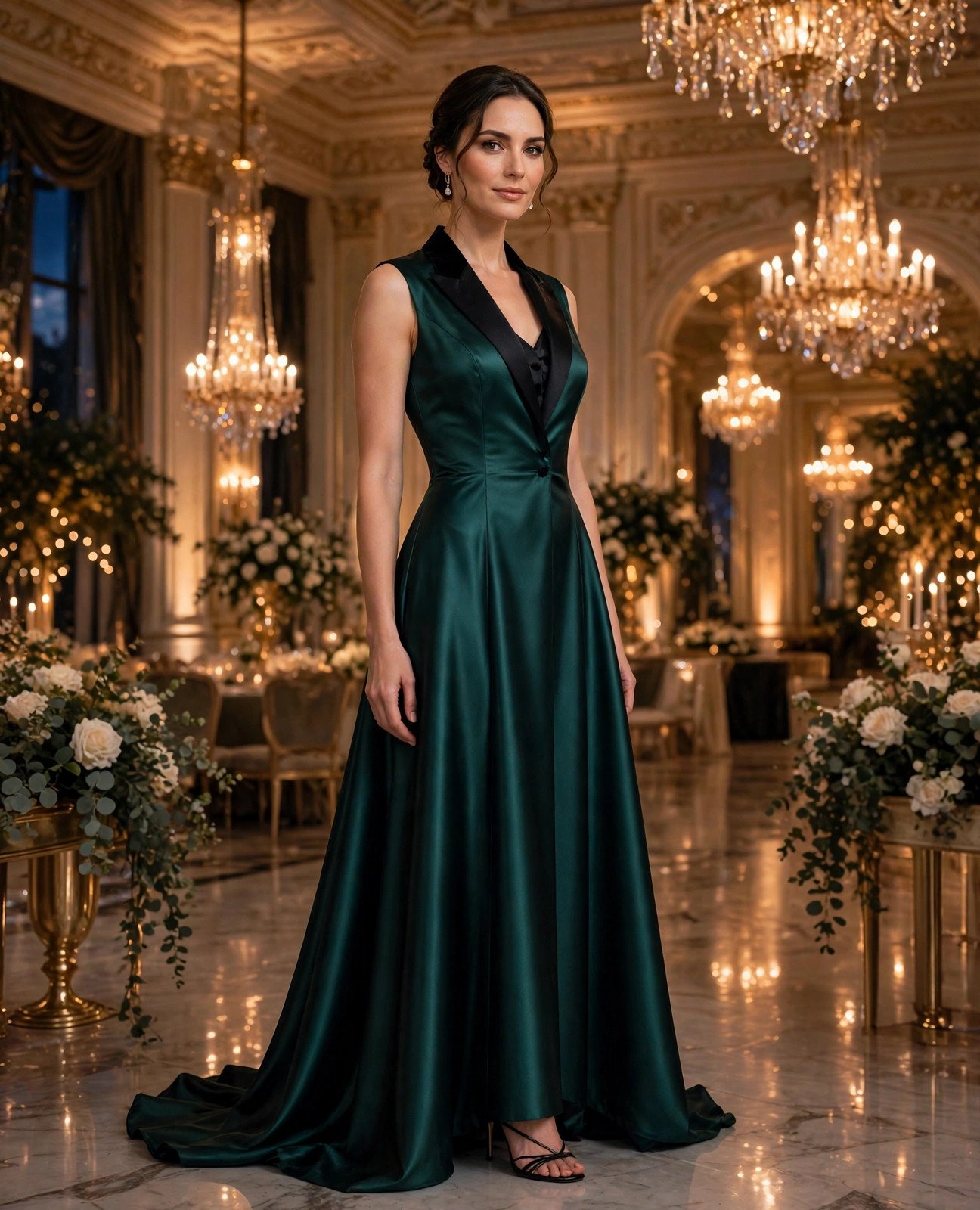 Woman in an elegant floor-length black-tie gown inside a grand ballroom
