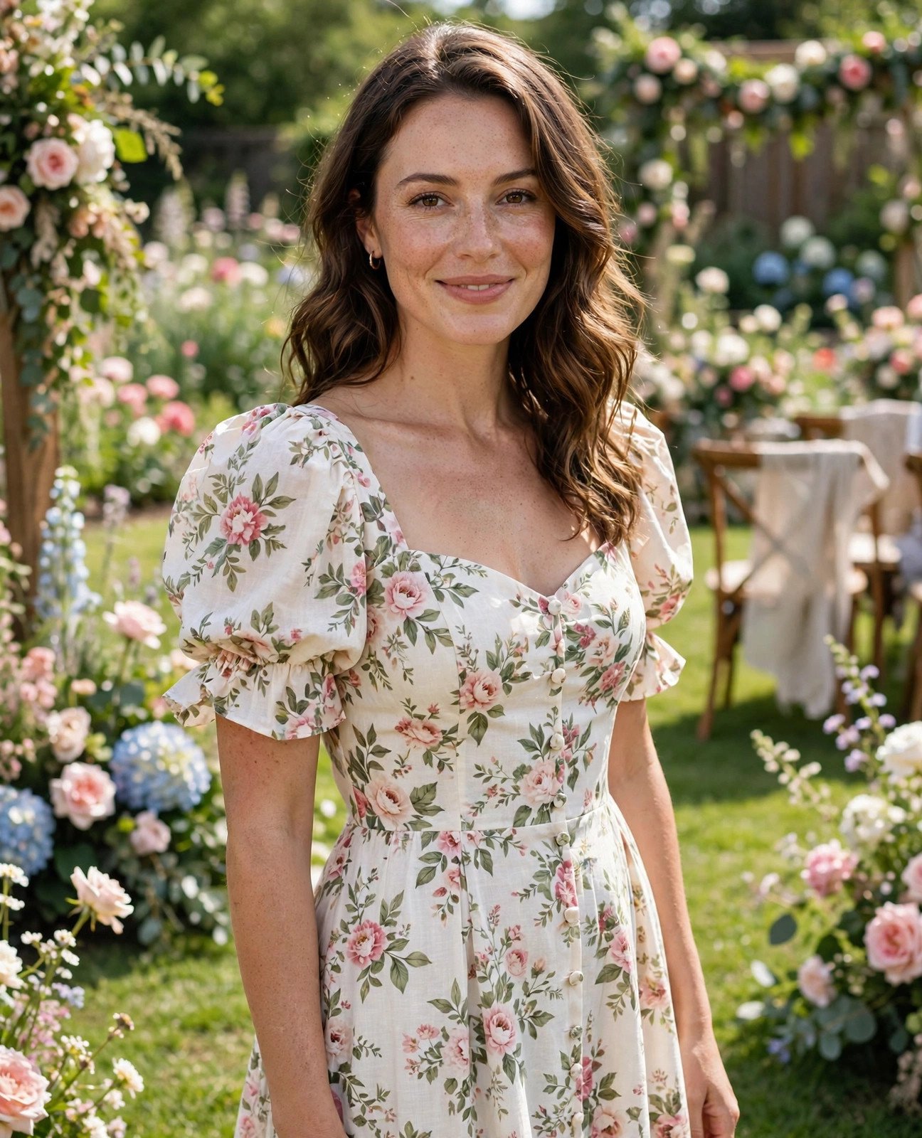 Woman in a floral midi dress at an outdoor garden party wedding