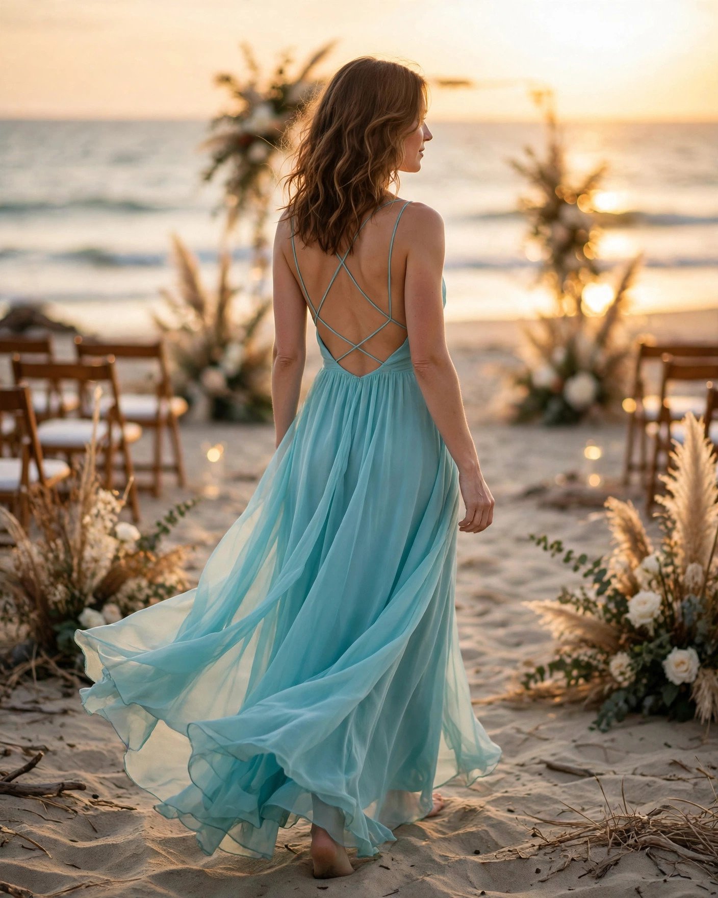 Woman in a flowing beach maxi dress walking on sand at a seaside wedding