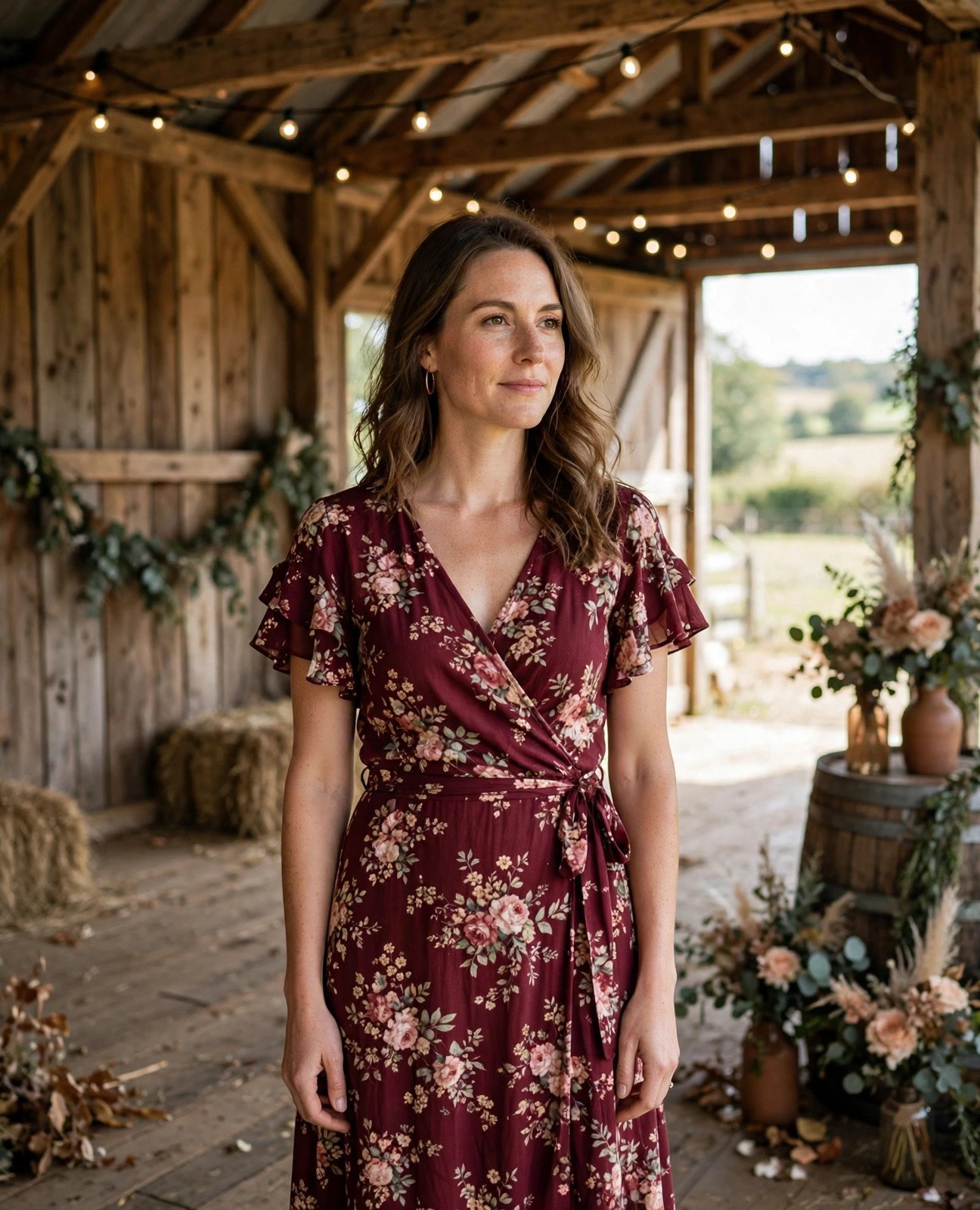 Woman in a rustic-chic midi dress standing in a wooden barn wedding venue