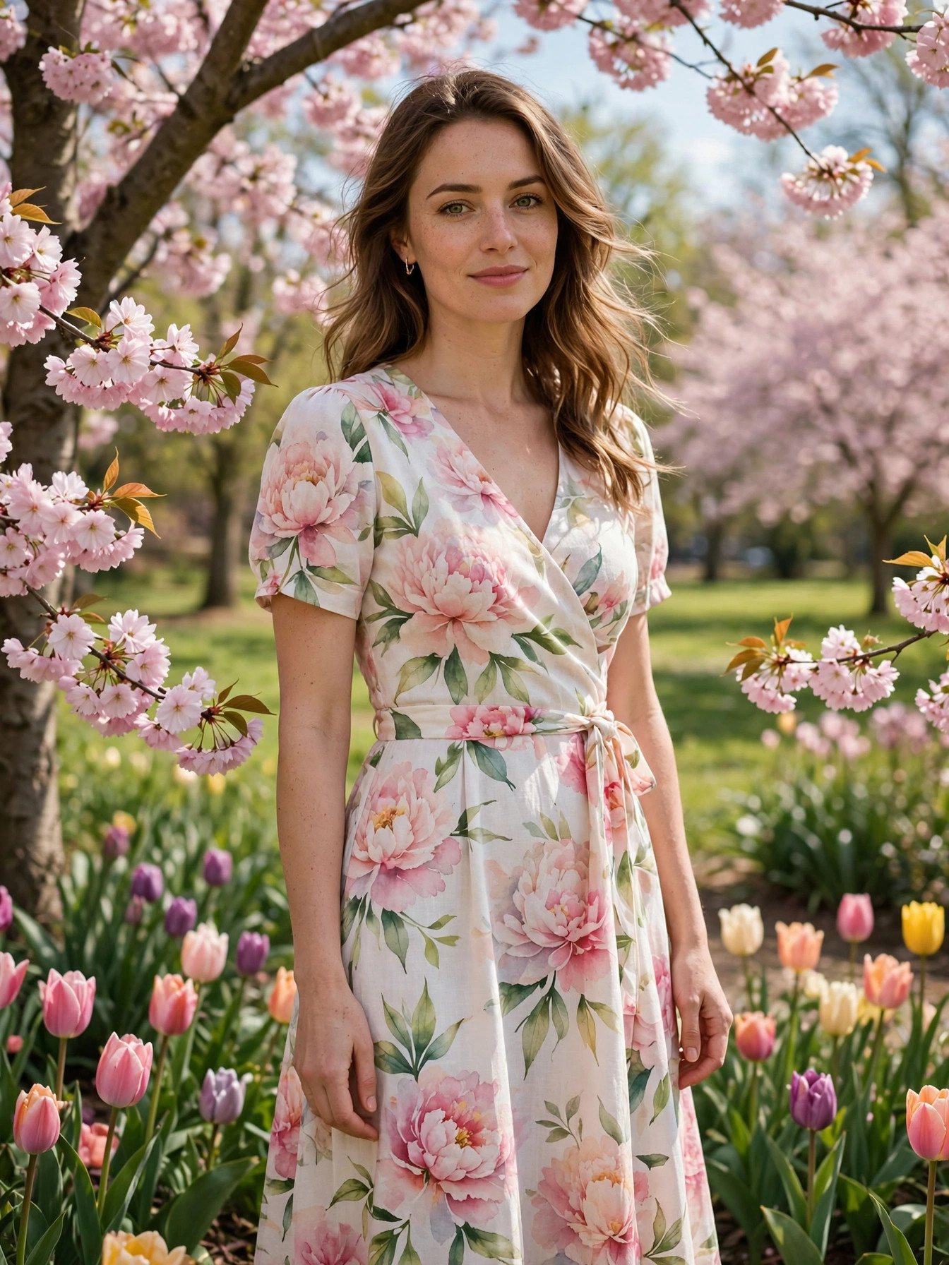 Woman in a spring floral midi dress among blooming flowers