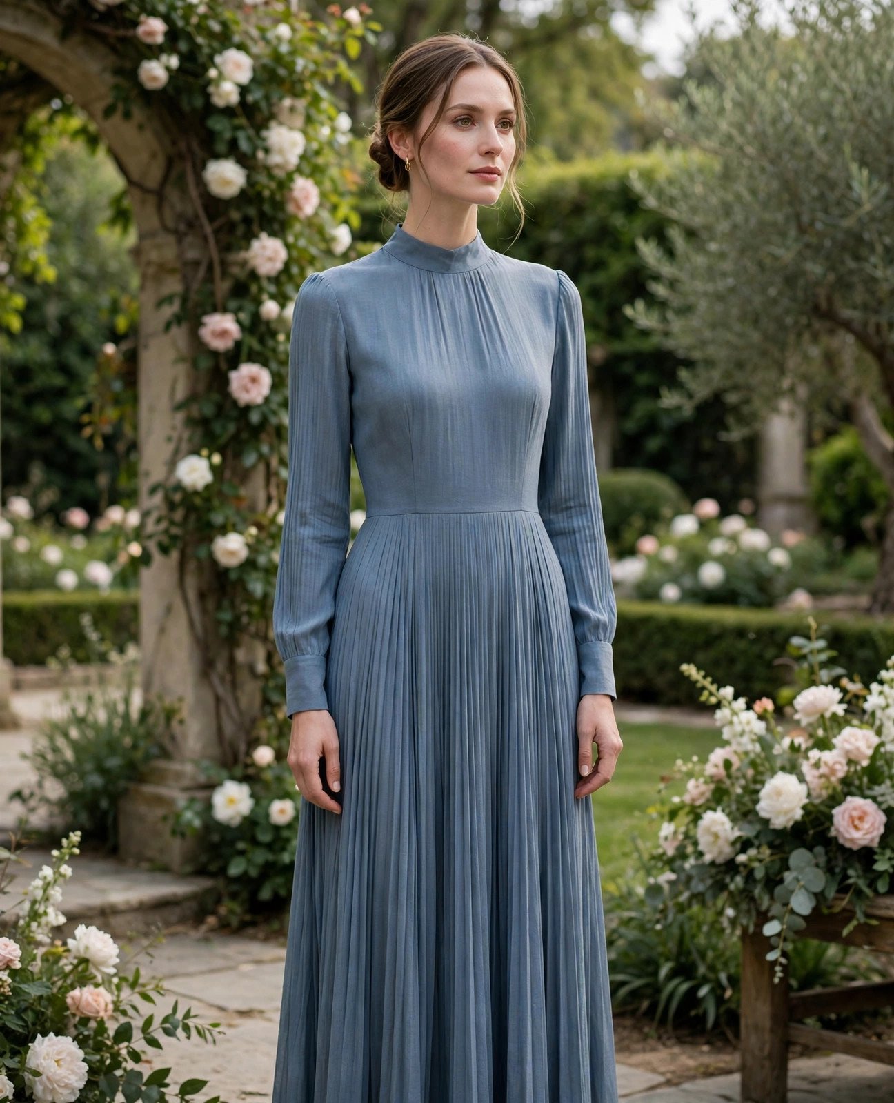 Woman in an elegant modest dress with long sleeves and high neckline