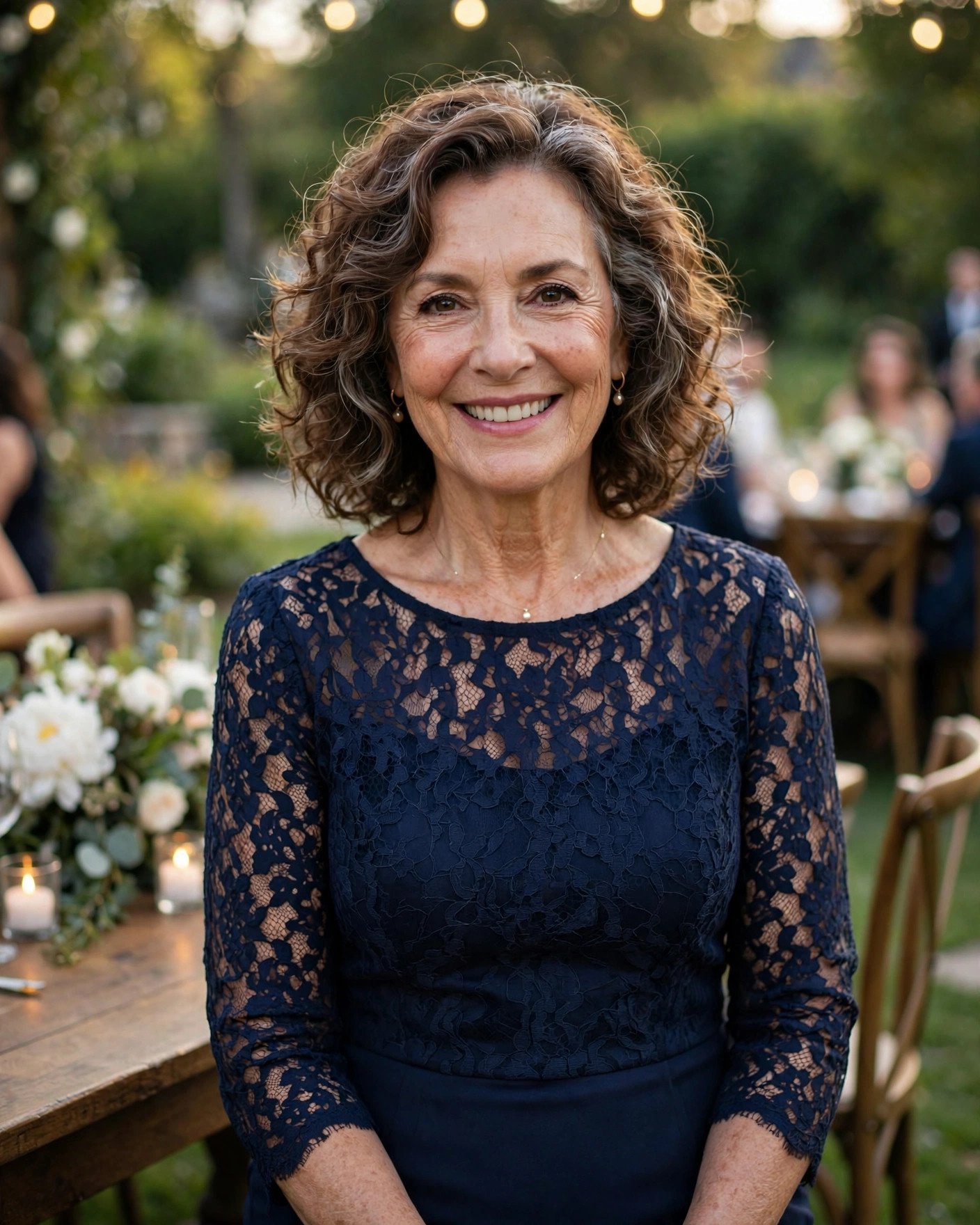 Elegant mature woman in a classy knee-length wedding guest dress