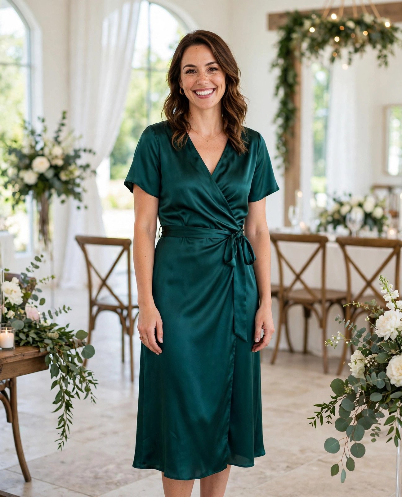 Woman in an affordable elegant wedding guest dress that looks expensive