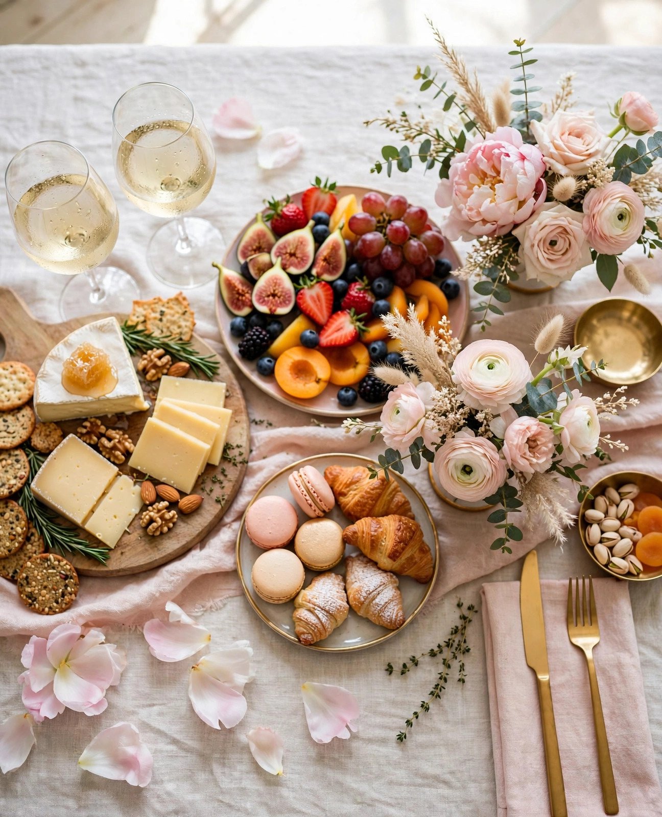 Elegant bridal shower table spread with paired food and drinks — wine, cheese, fruit and pastries