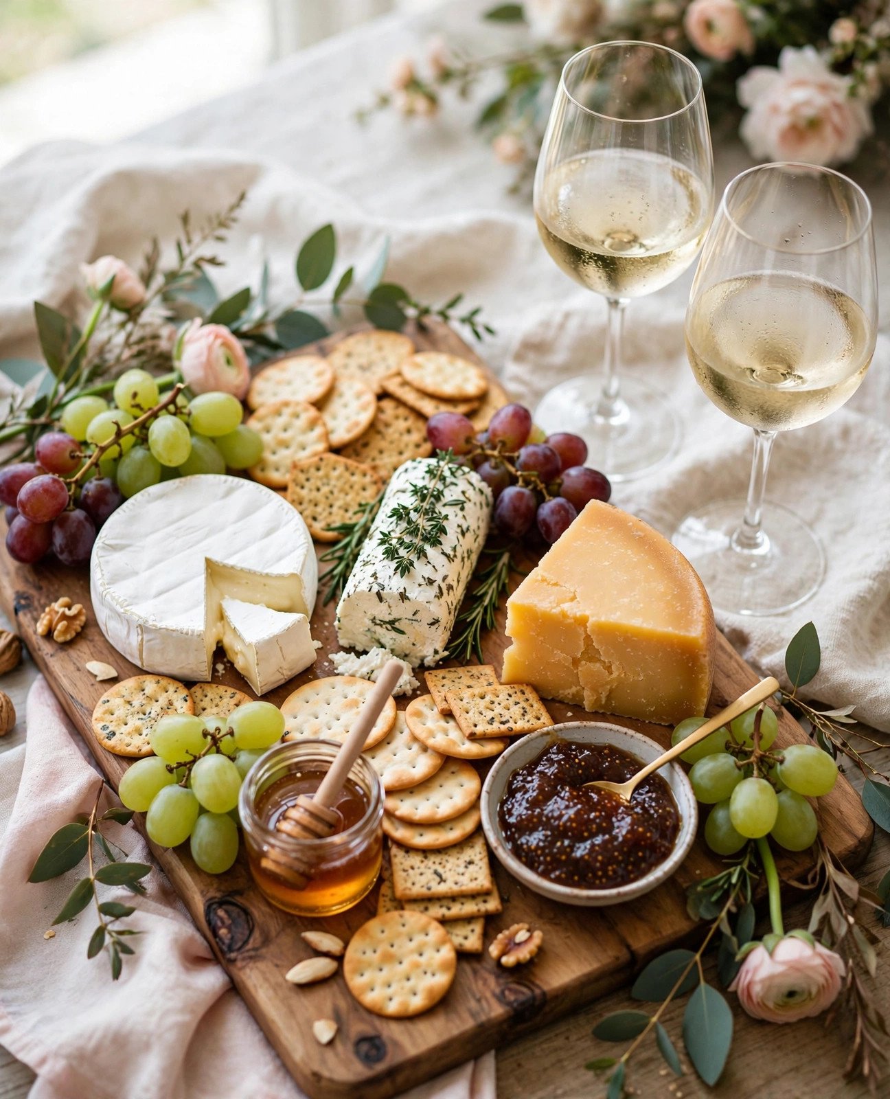 Bridal shower wine and cheese board with brie, grapes, crackers and white wine glasses