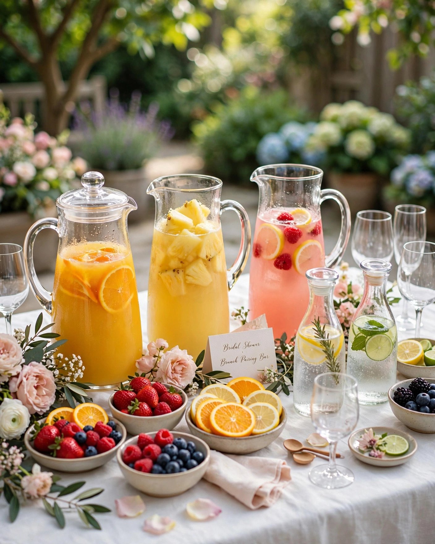 Bridal shower mimosa bar with champagne bottles, colorful juice carafes and fresh fruit garnishes