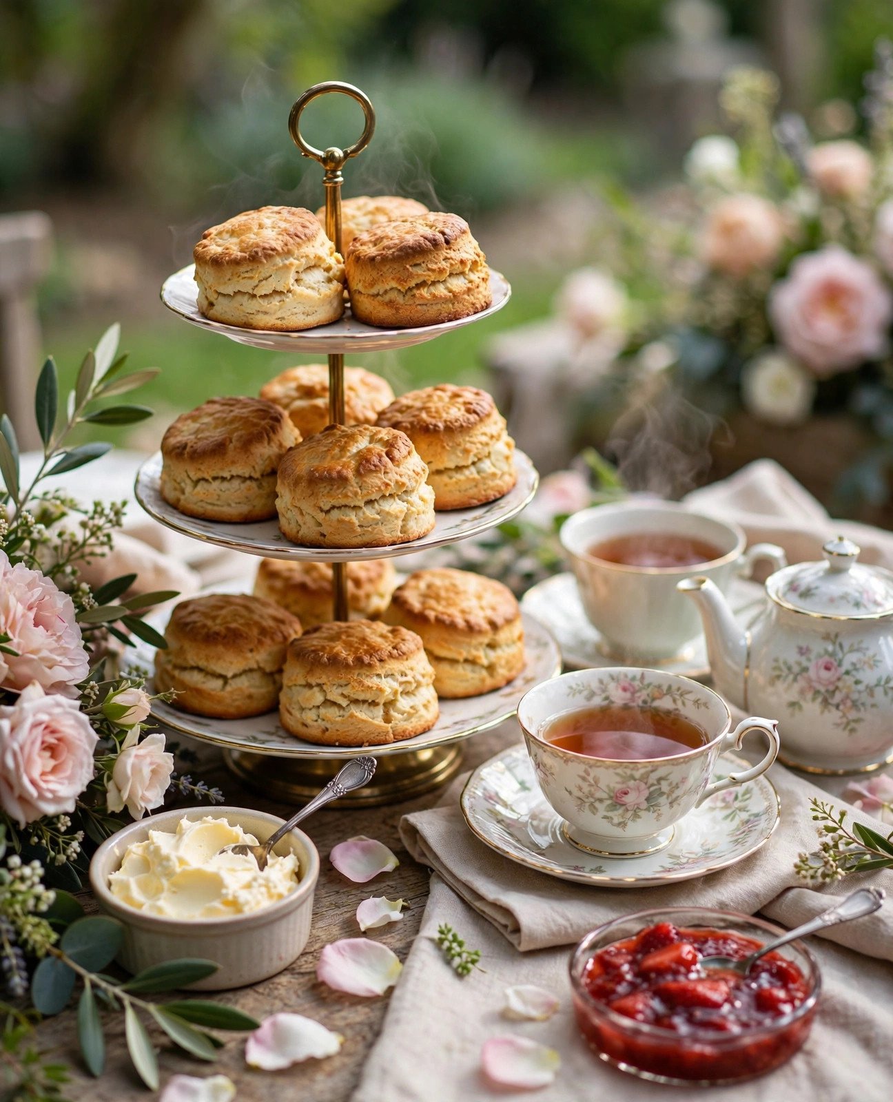 Bridal shower afternoon tea setup with scones, clotted cream, jam and teacups