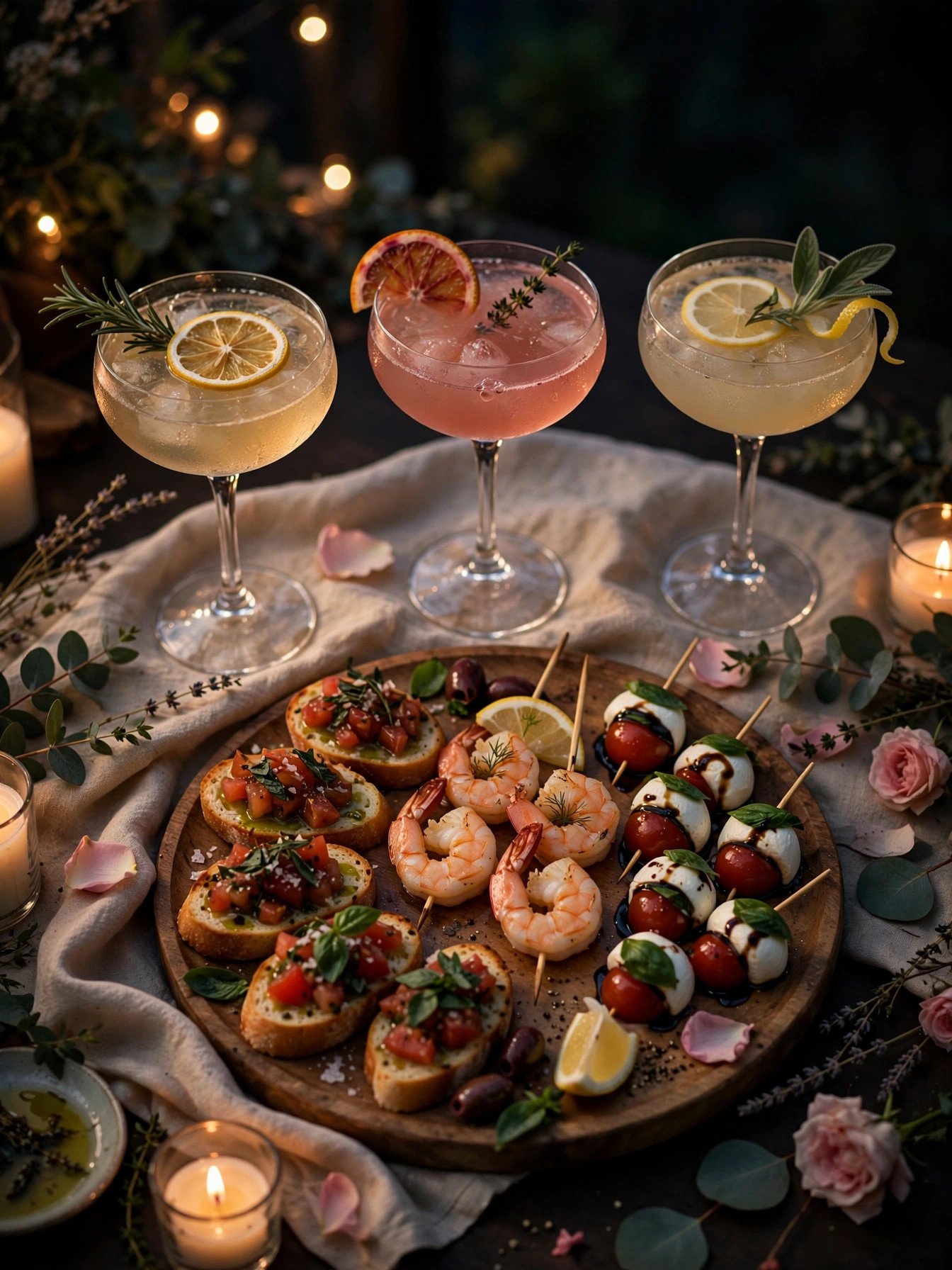 Signature bridal shower cocktails with appetizer platter — bruschetta, shrimp and garnished drinks