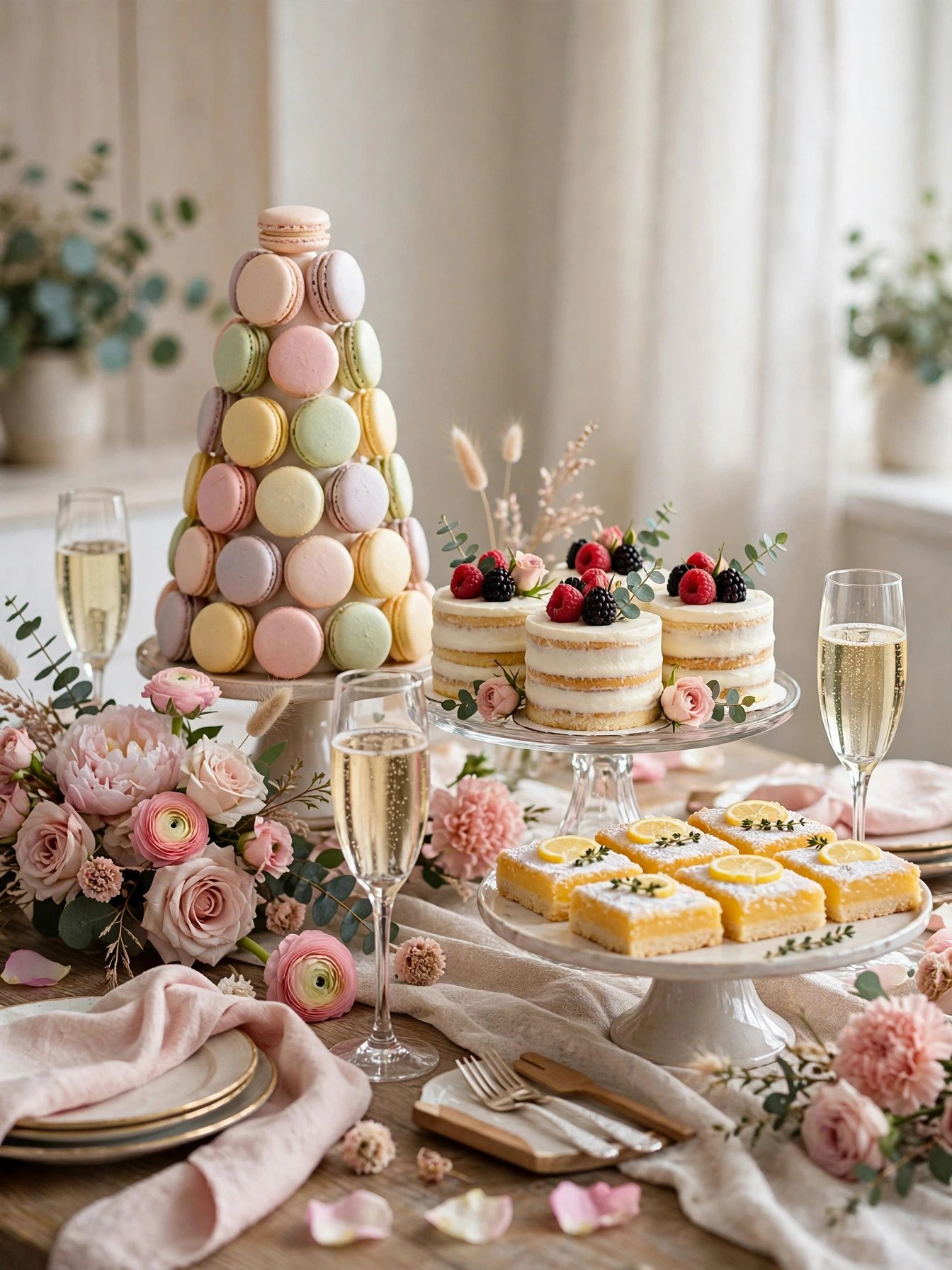 Bridal shower dessert table with mini cakes, macarons and champagne flutes of bubbly
