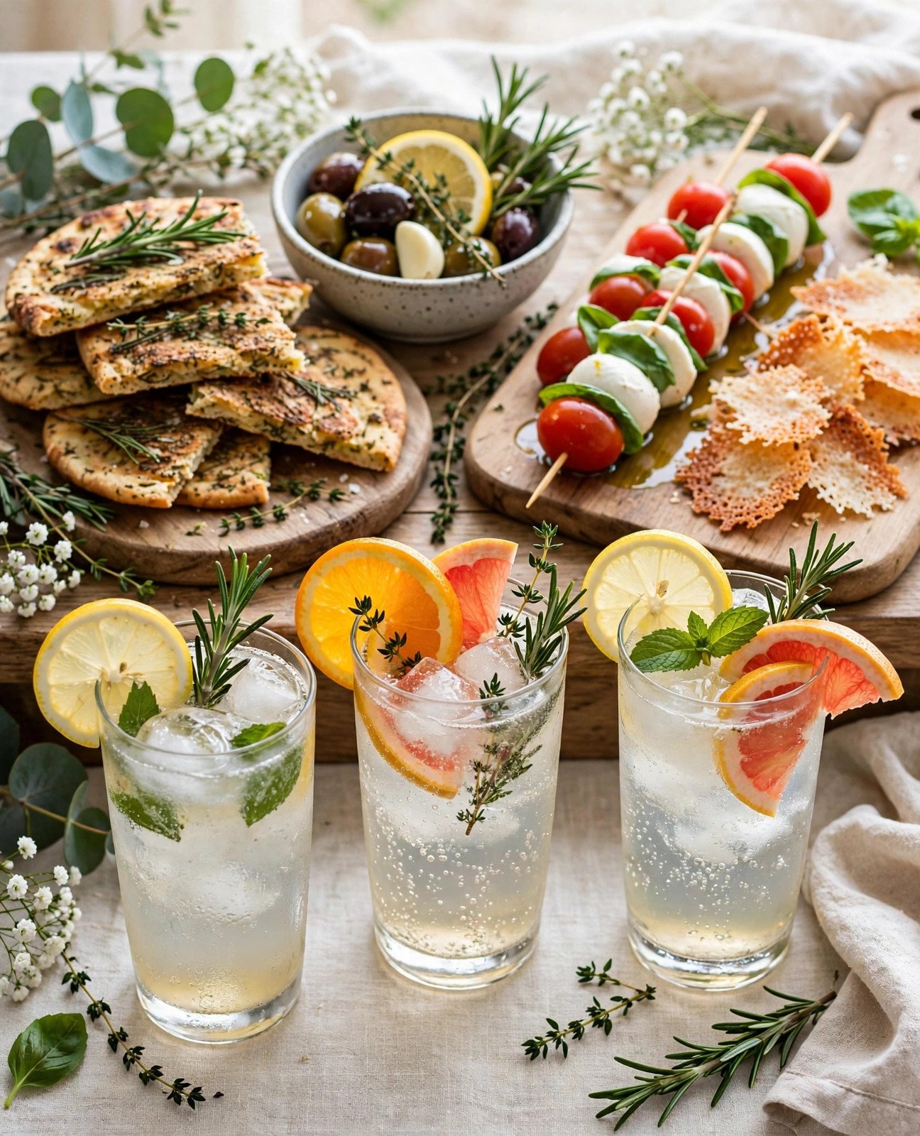 Savory bridal shower bites — flatbreads, olives, skewers — with citrus spritzer drinks