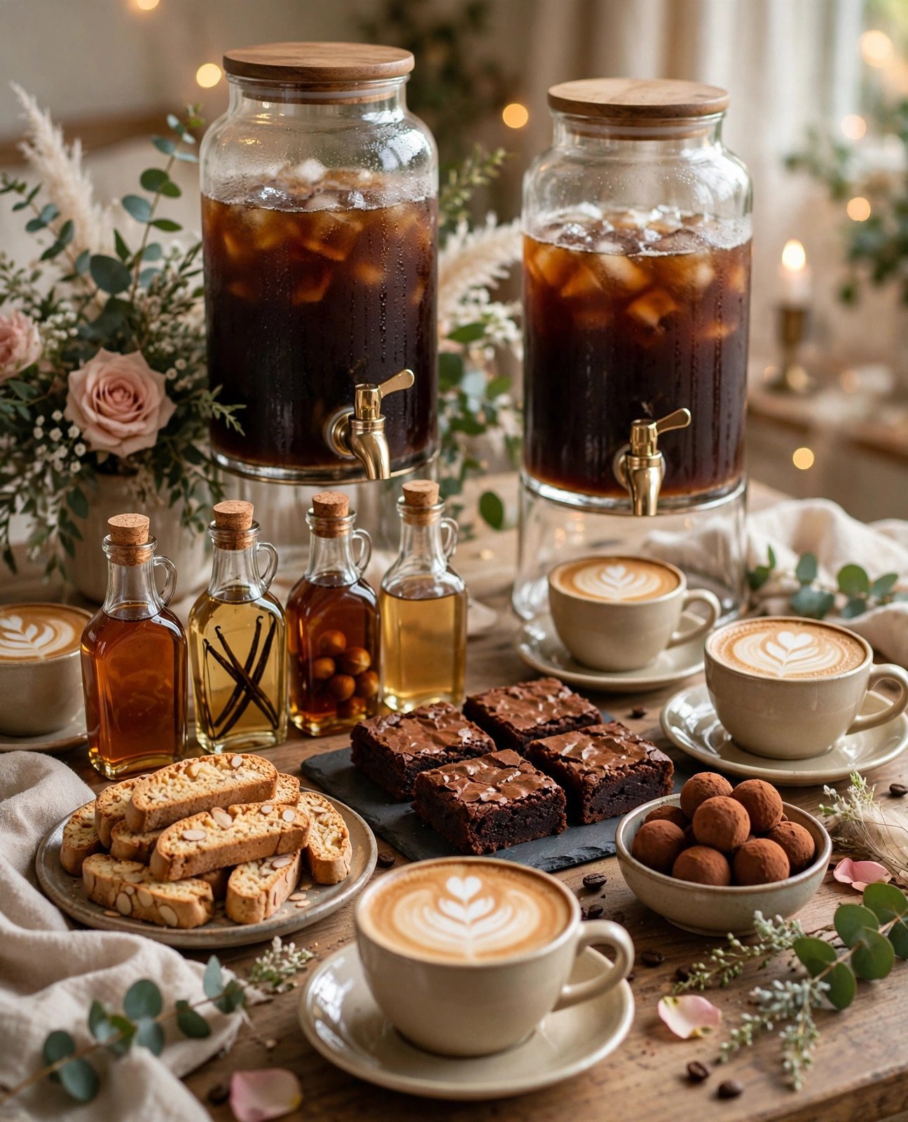 Bridal shower coffee bar with espresso drinks, syrups and dessert bites