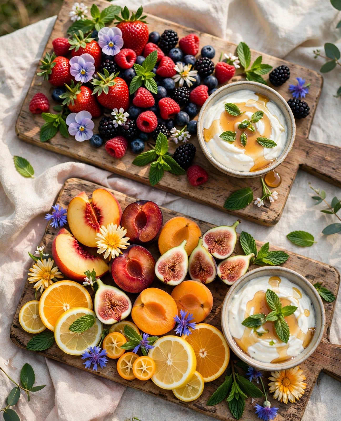 Seasonal fruit platters at a bridal shower with yogurt dips, honey and sparkling drinks