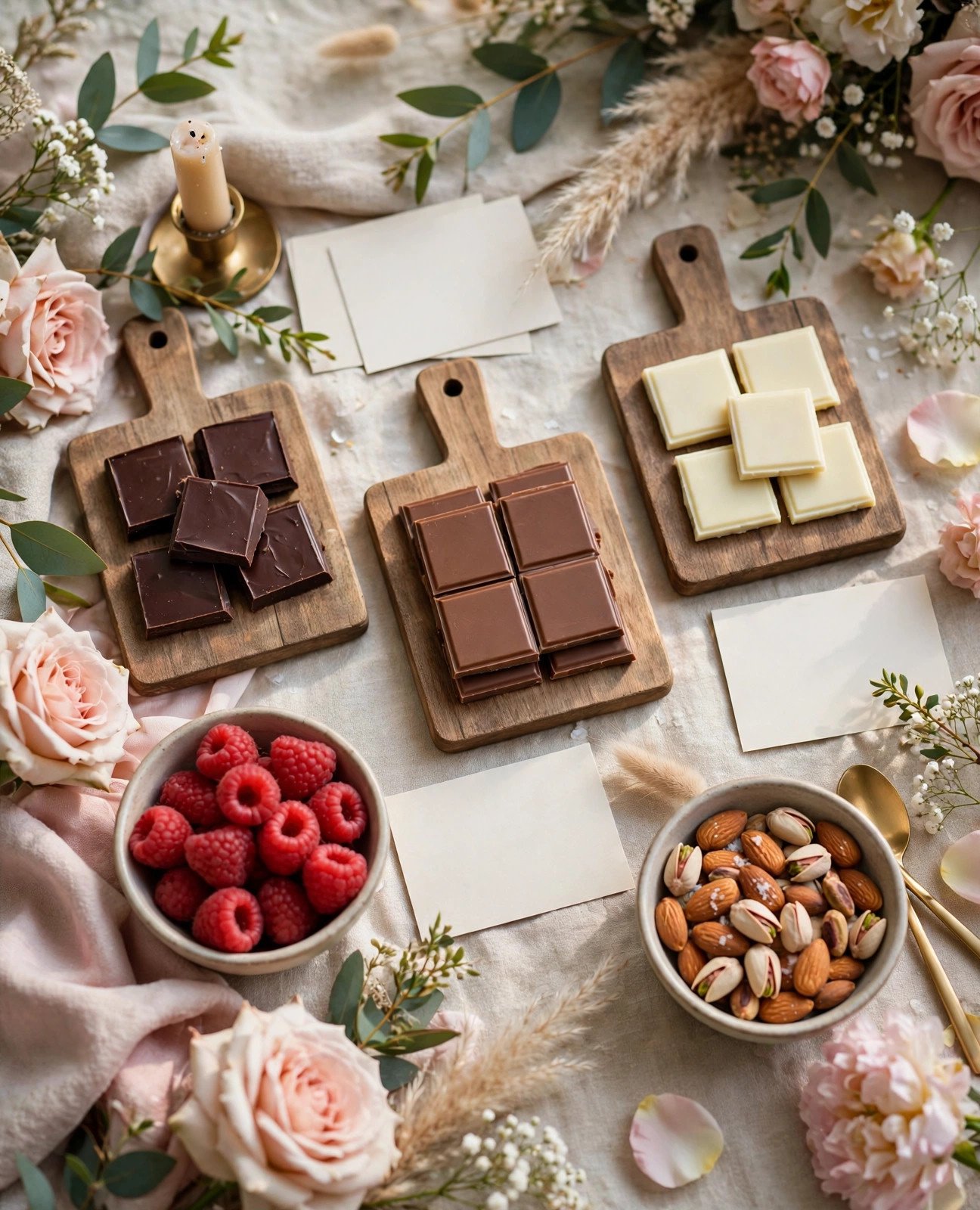 Bridal shower chocolate pairing station with dark, milk and white chocolate, nuts and wine