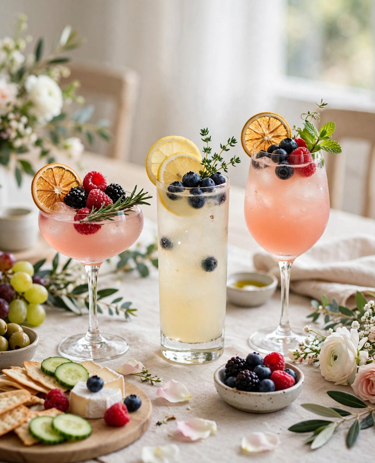 Elegant bridal shower mocktails with fresh garnishes next to light appetizers