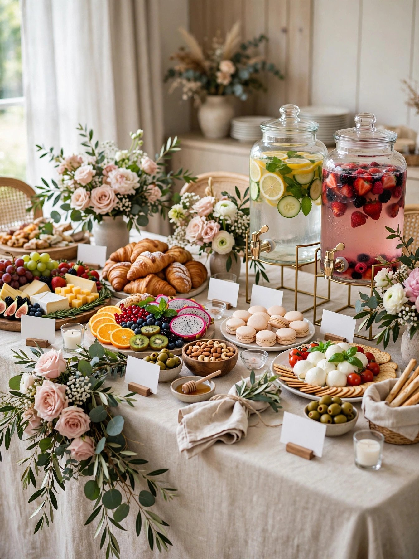 Styled bridal shower food station with menu cards and timeline for serving pairings