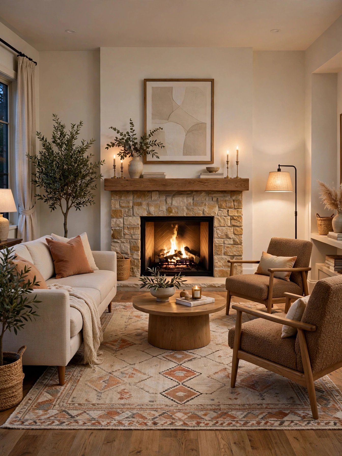 Well-designed living room with furniture floated off walls and a large rug anchoring the seating area