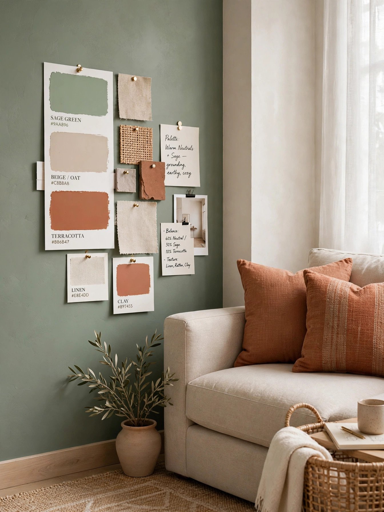 Interior color palette inspiration with paint swatches, a sage green accent wall and neutral furniture