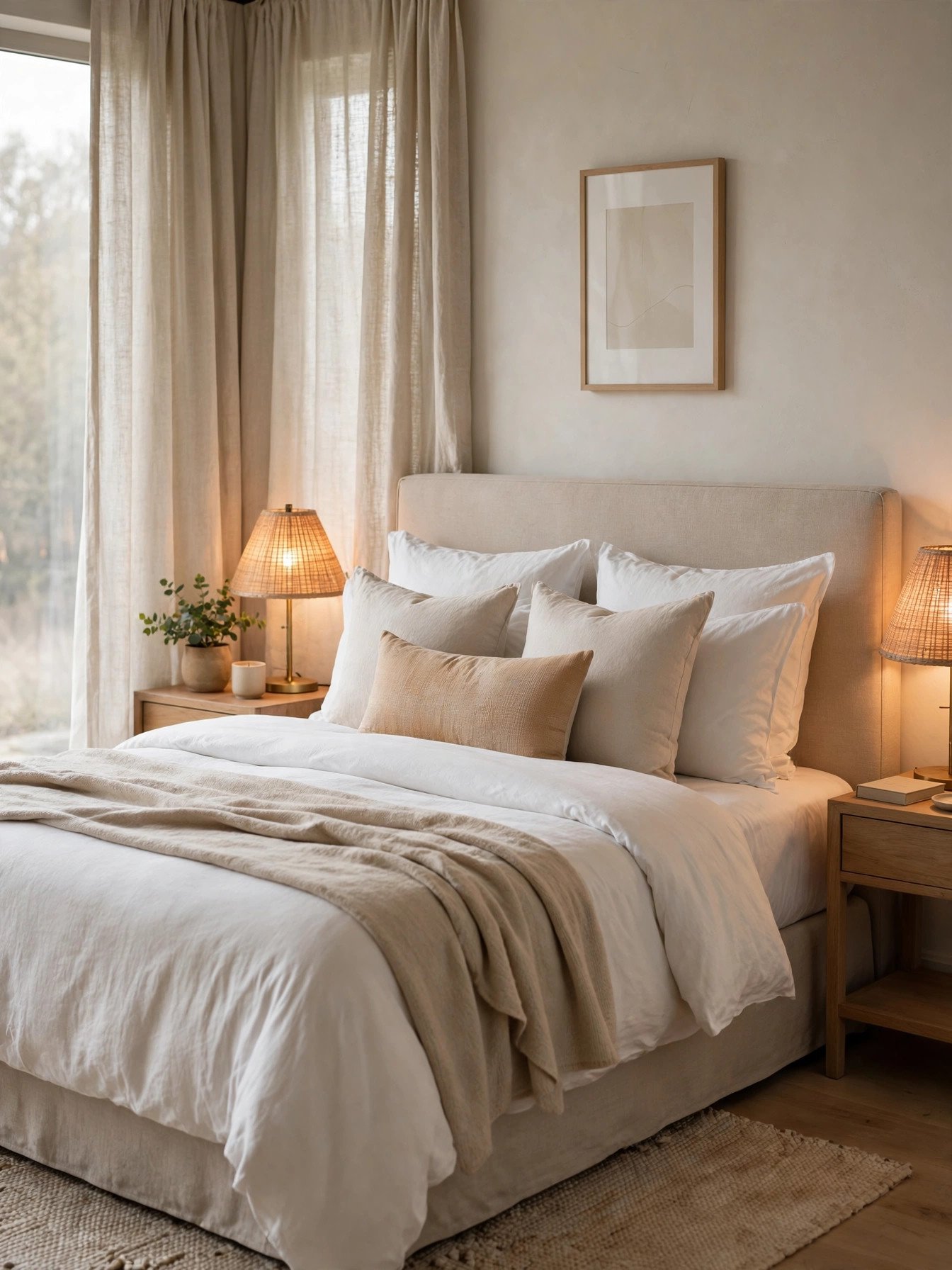 Serene calm bedroom with layered white and beige bedding, soft lighting and minimal decor