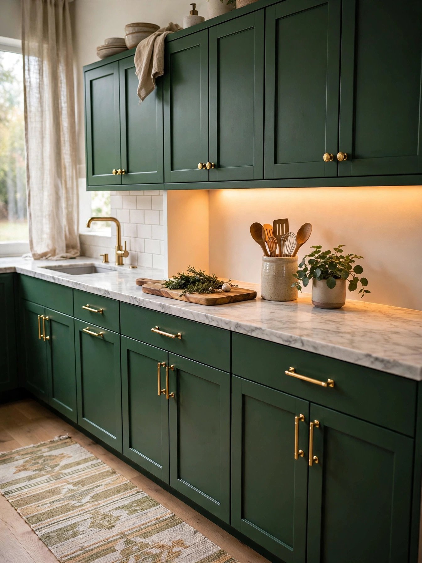 Stylish updated kitchen with painted cabinets, new brass hardware, open shelving and under-cabinet lighting