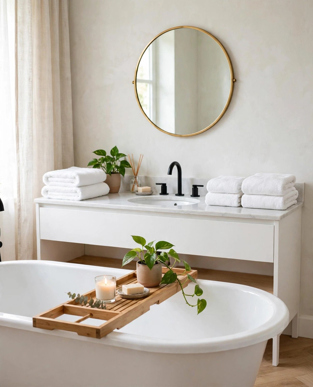 Fresh spa-like bathroom with a new round mirror, modern faucet, fluffy white towels and a green plant