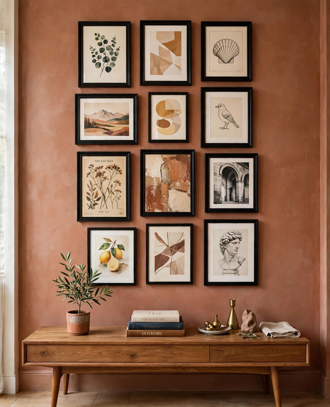 Beautiful gallery wall with framed art prints arranged above a console table in a living room