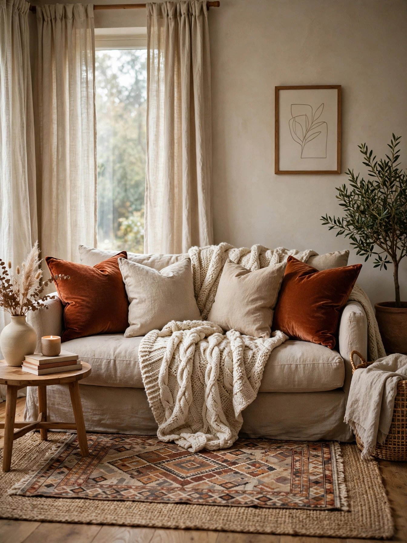 Cozy sofa styled with layered textured throw pillows, knit blanket and linen curtains in a warm living room