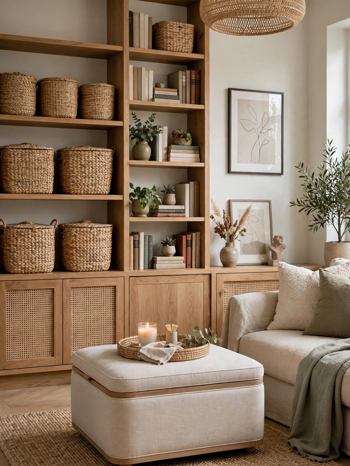Beautifully organized living room with woven storage baskets, styled open shelves and hidden clutter-free storage