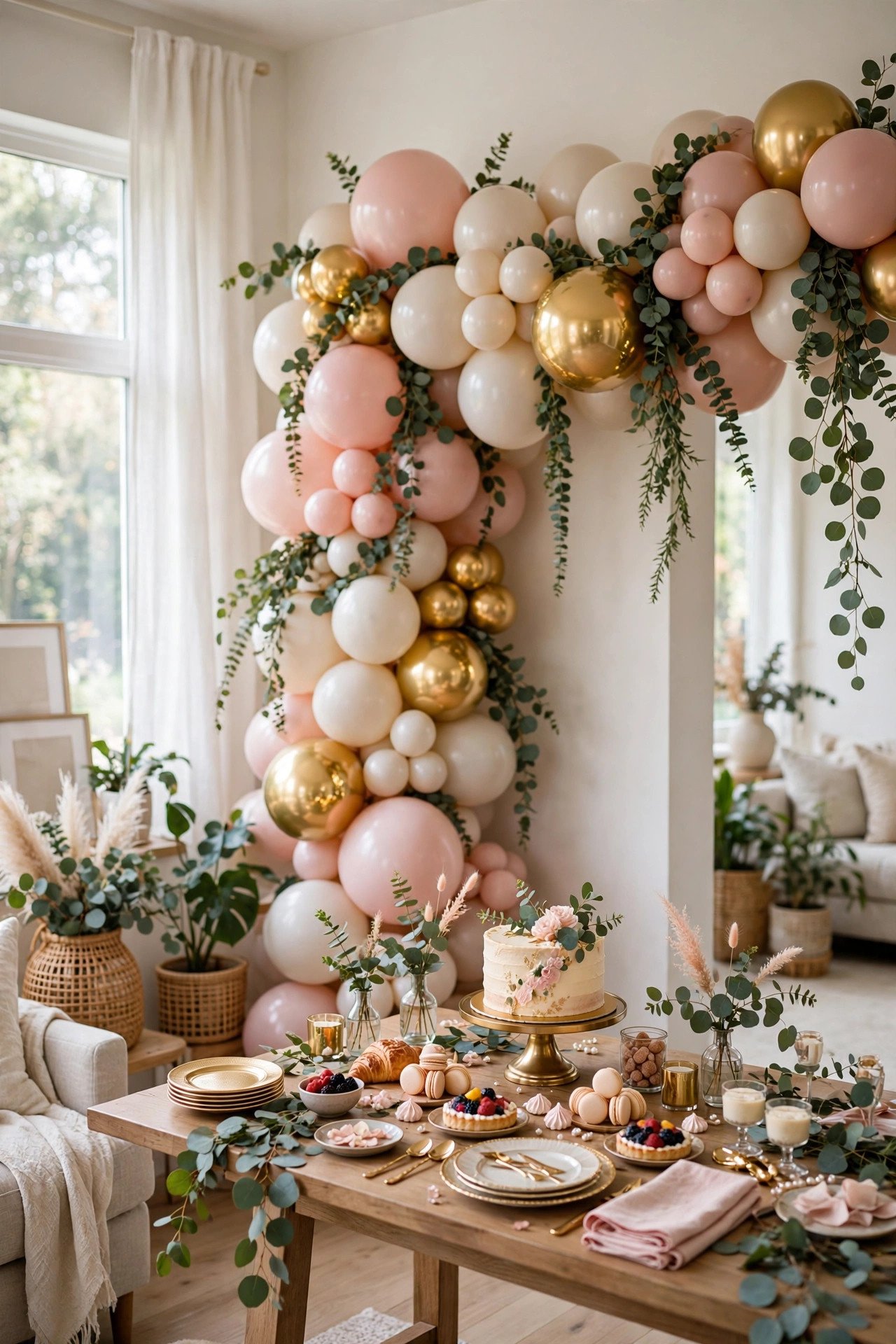 Blush and gold balloon garland backdrop behind a bridal shower dessert table