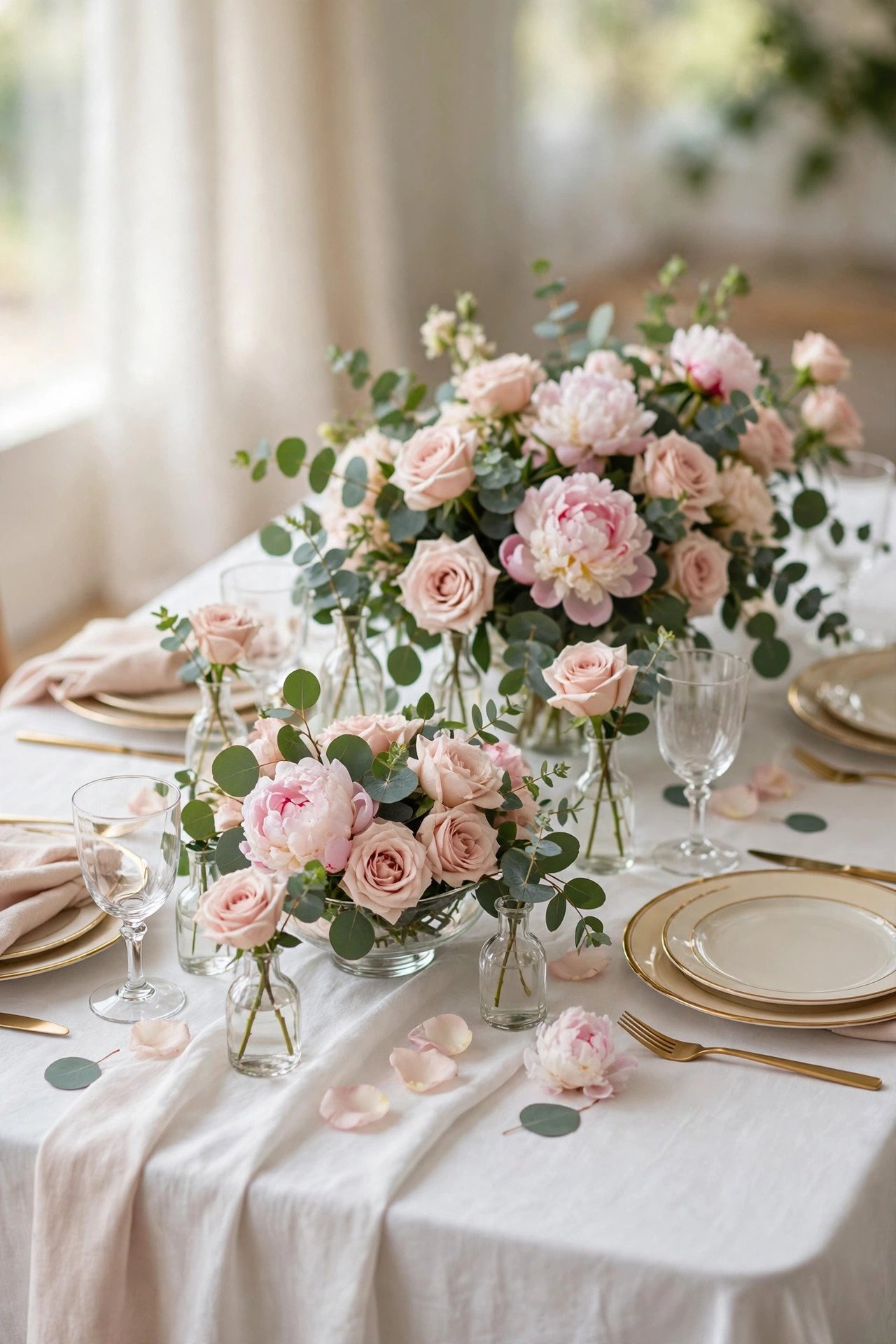 Elegant bridal shower table with blush floral centerpieces in glass vases
