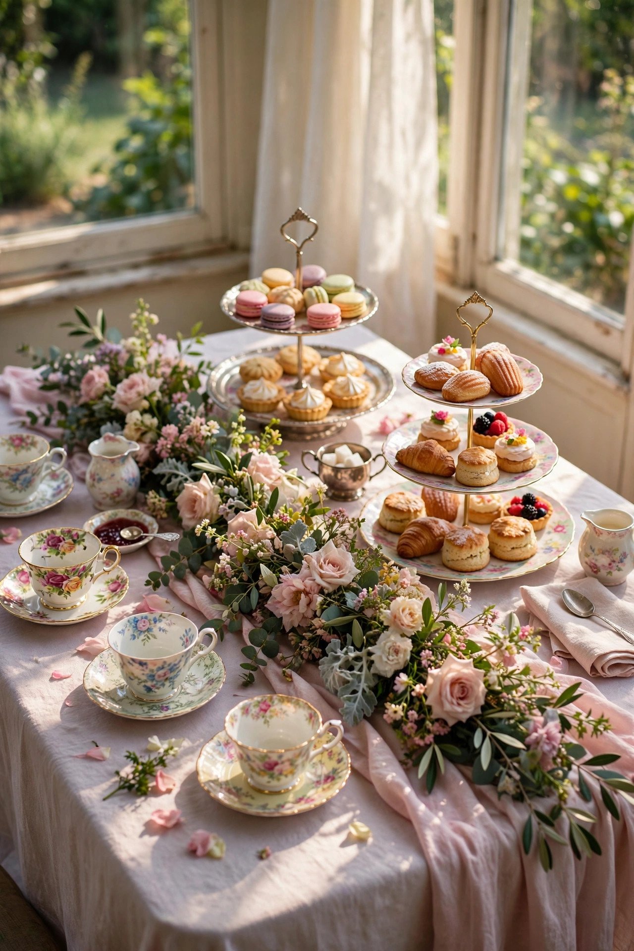 Garden tea party themed bridal shower tablescape with floral teacups and tiered trays