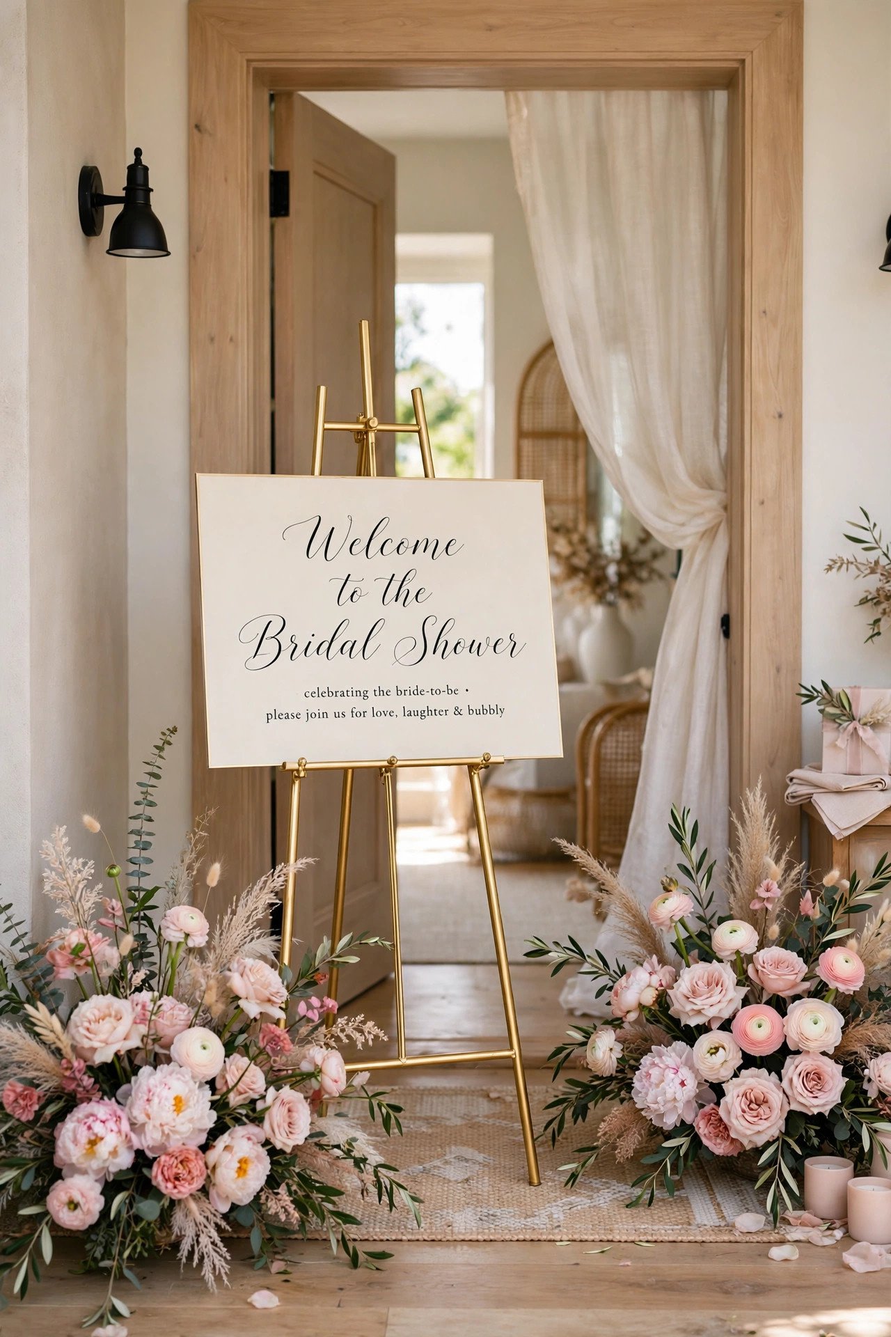 Elegant calligraphy welcome sign at a bridal shower entrance with flowers