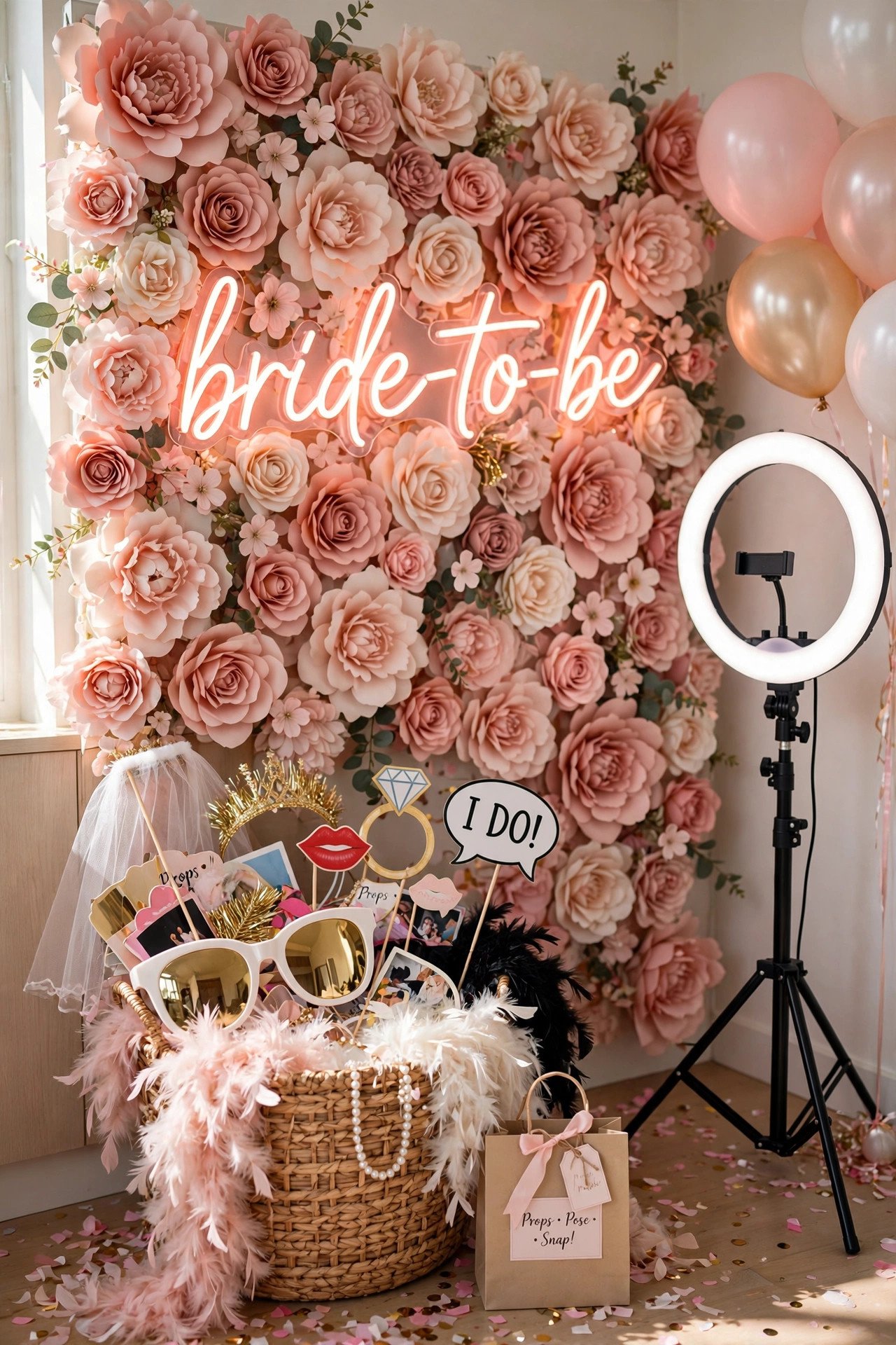 Bridal shower photo booth corner with flower wall and fun props