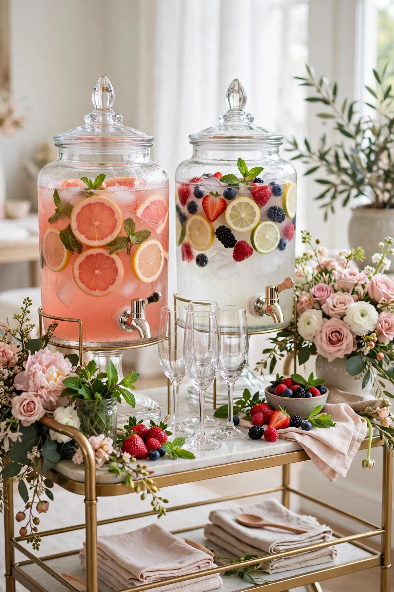 Bridal shower signature drink station with blush cocktails and a mimosa bar