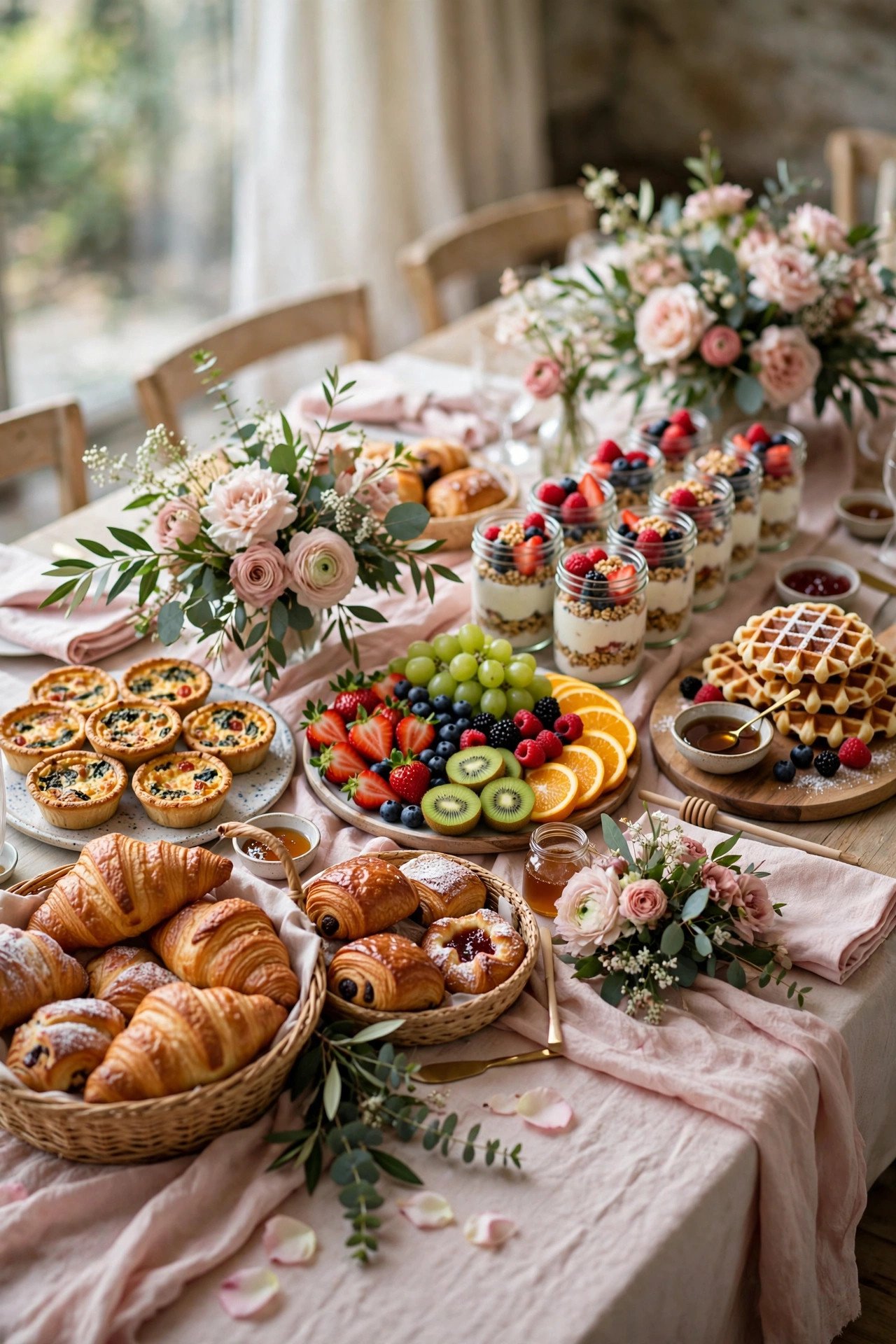 Beautiful bridal shower brunch spread with pastries, fruit and quiches