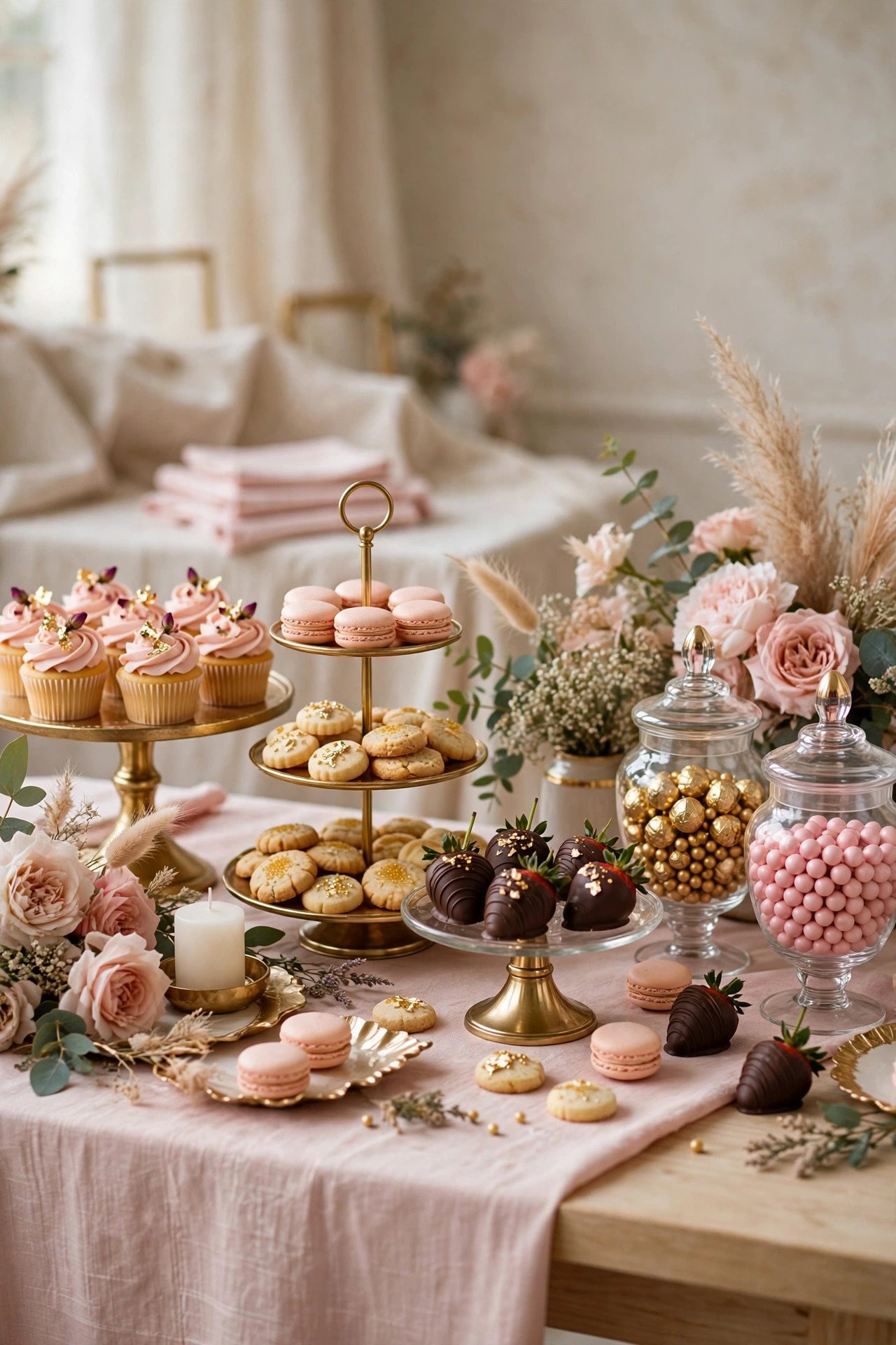 Styled bridal shower dessert table with cupcakes, macarons and cookies in blush tones