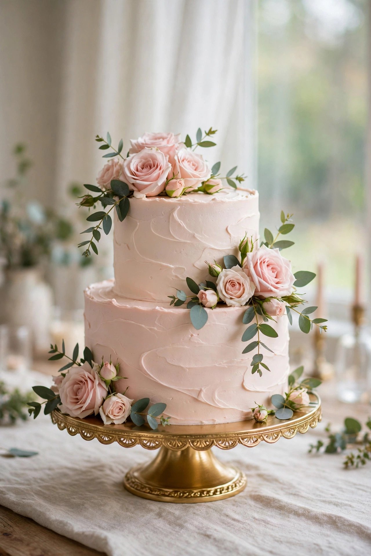 Elegant blush bridal shower cake with fresh flowers on a cake stand